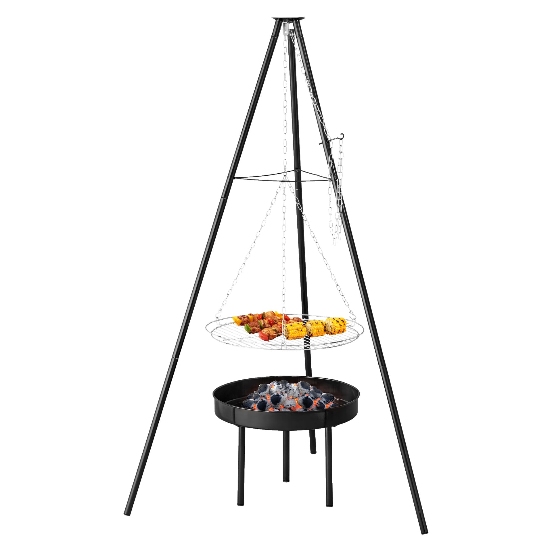 Burns & Barkles Wilderness-grillen är en svart stativgrill med ett cirkulärt metallgaller som hänger i kedjor ovanför en koleld. Spett och majs kokas på gallret.