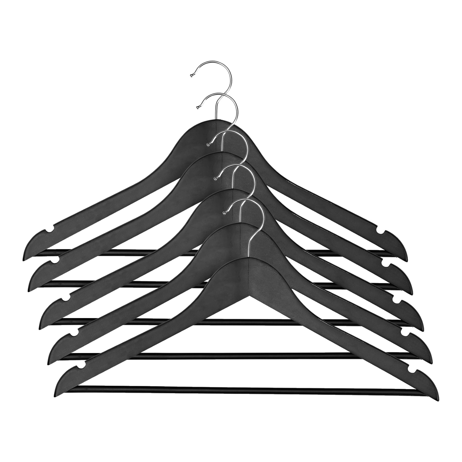 Ett set med fem svarta trägalgar från Menuett är staplat diagonalt, med alla metallkrokar vända åt samma håll.