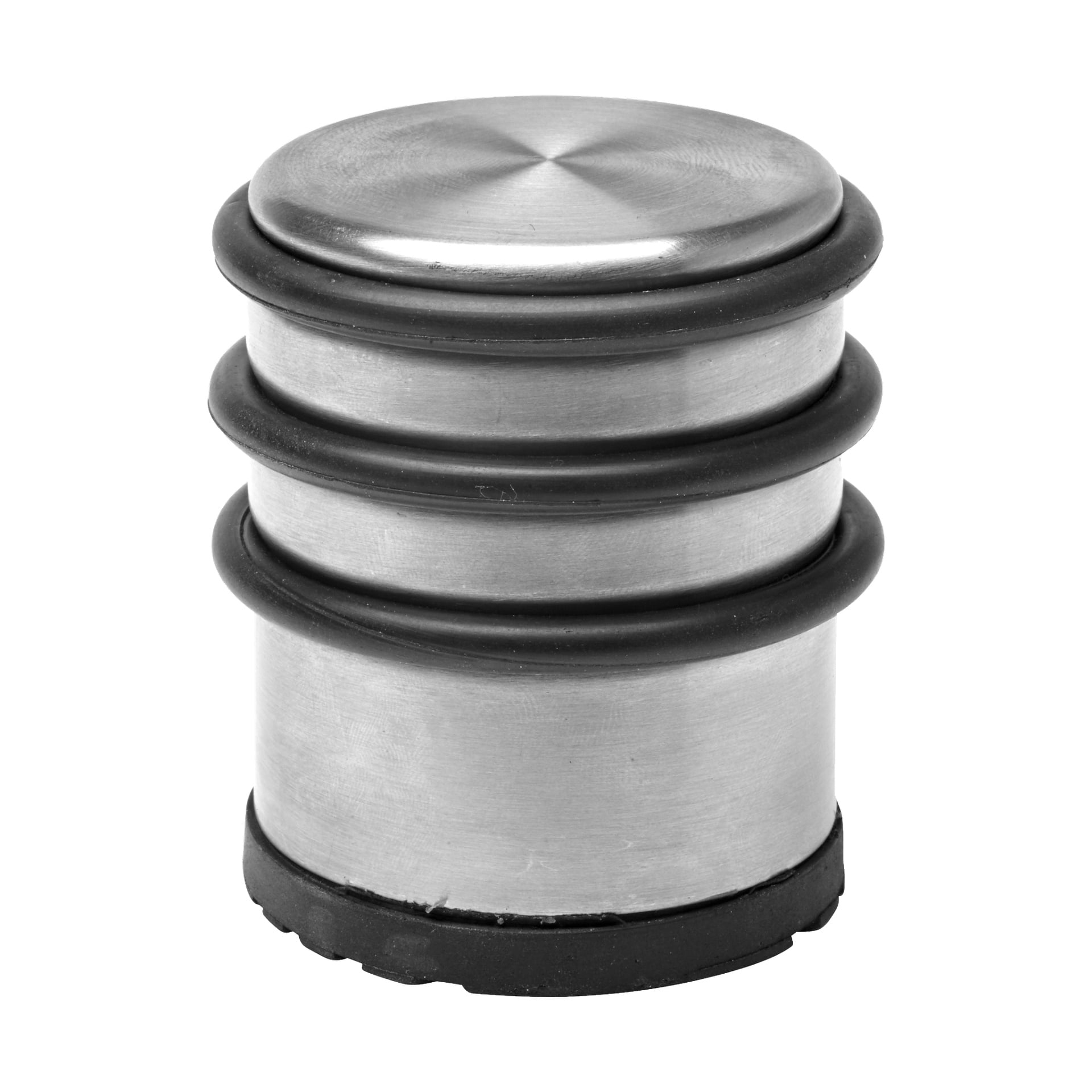 En hard head dørstopper med en sylindrisk børstet metallkropp, svarte gummiringer som omslutter midten, og en gummibase.
