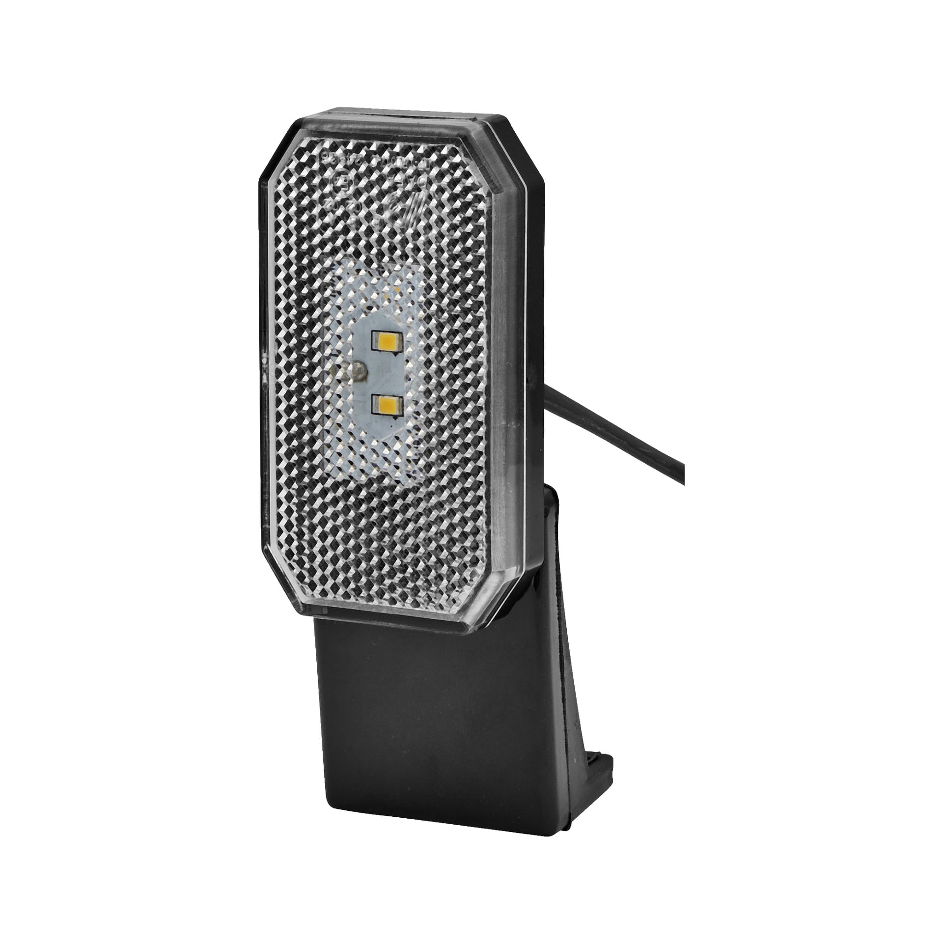 Hamron Position-lampan har en rektangulär LED-form med ett texturerat genomskinligt lock och är fäst vid ett svart plaststativ. En svart tråd går från baksidan av enheten.