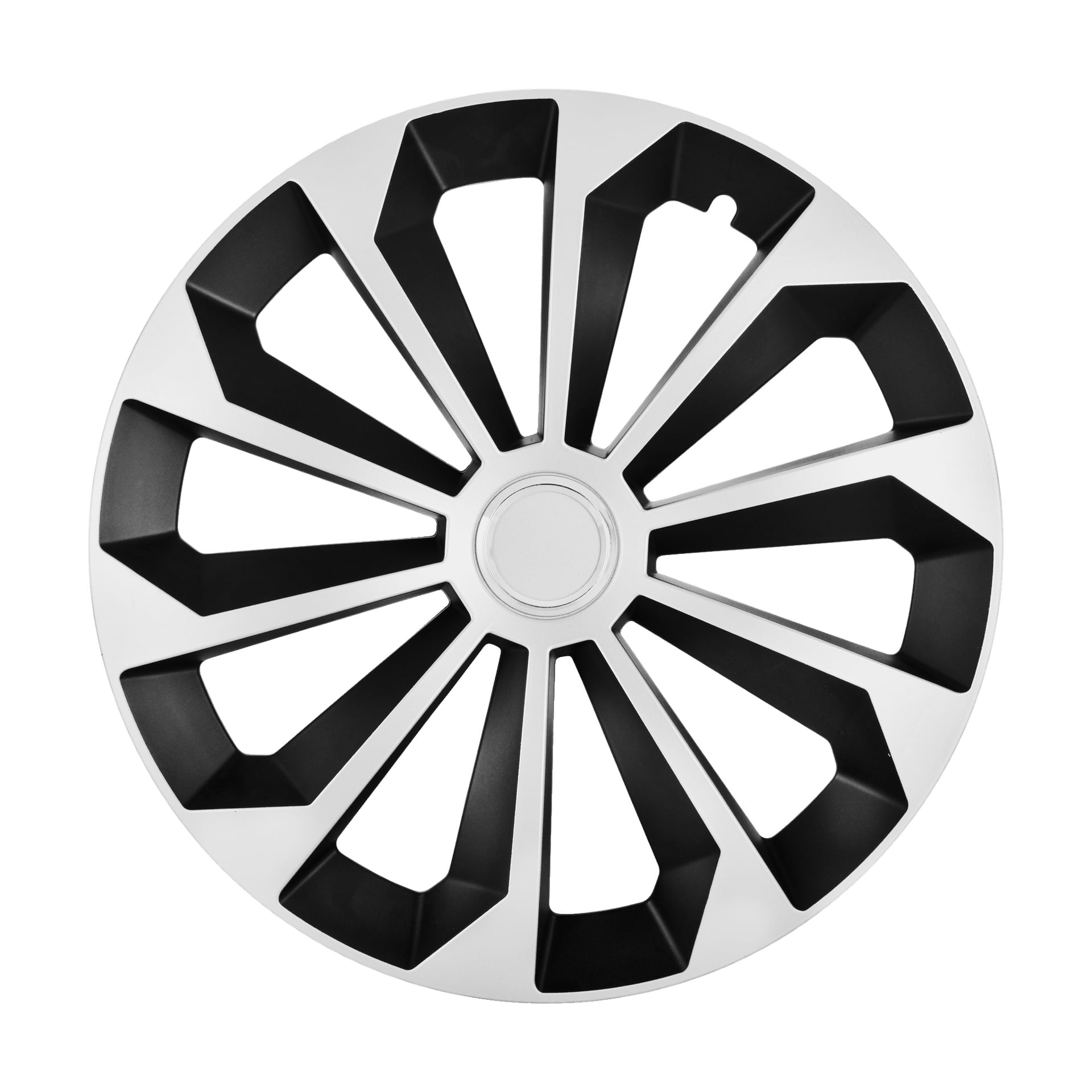 Ett Hamron Wheel front-1-pack i svart och silver med ett geometriskt, ekerliknande mönster ses uppifrån.