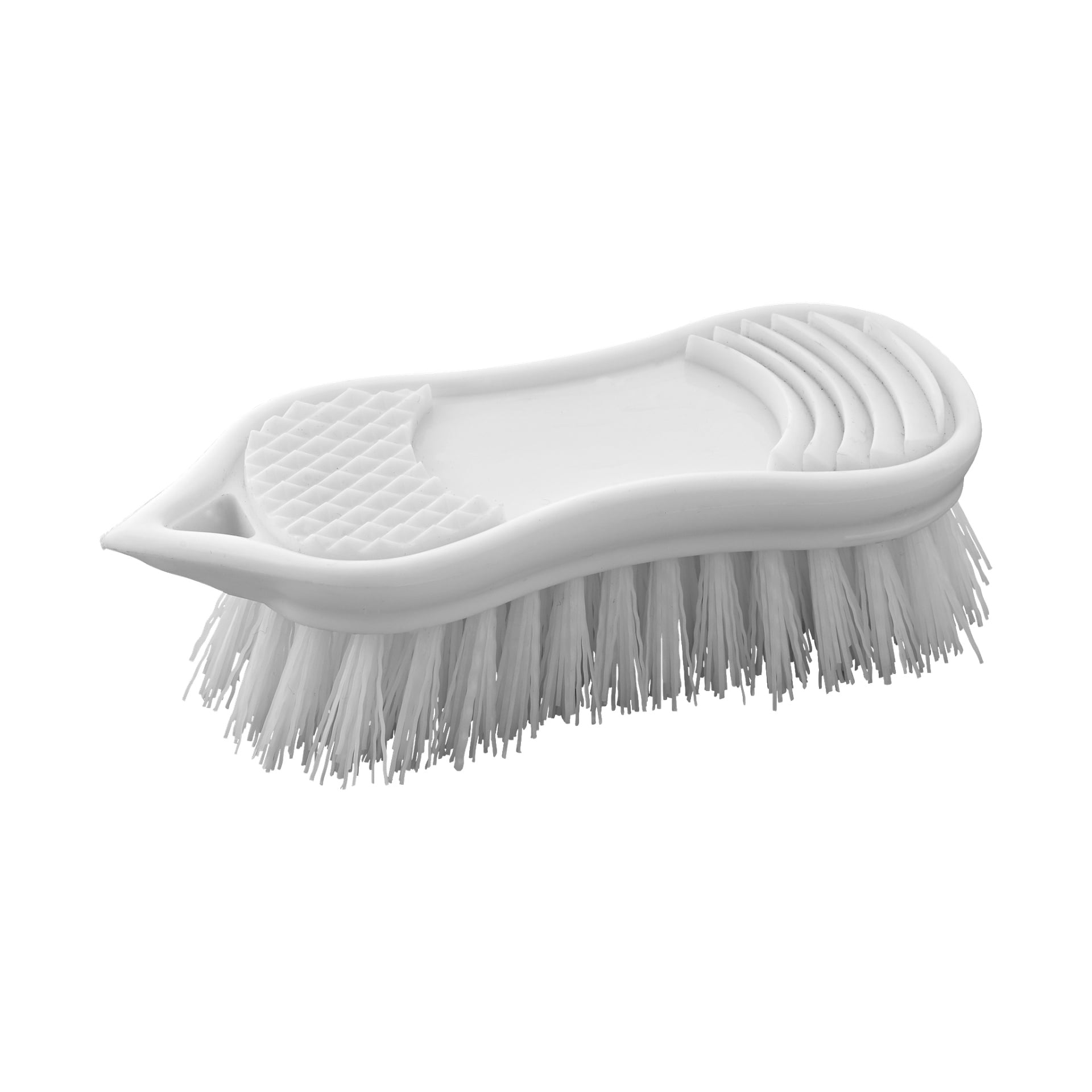 En vit Menuett Vegetable Brush med fasta borst och ett böjt plasthandtag med texturerade grepp ovanpå, lämplig för skrubbning och allmän hushållsrengöring.