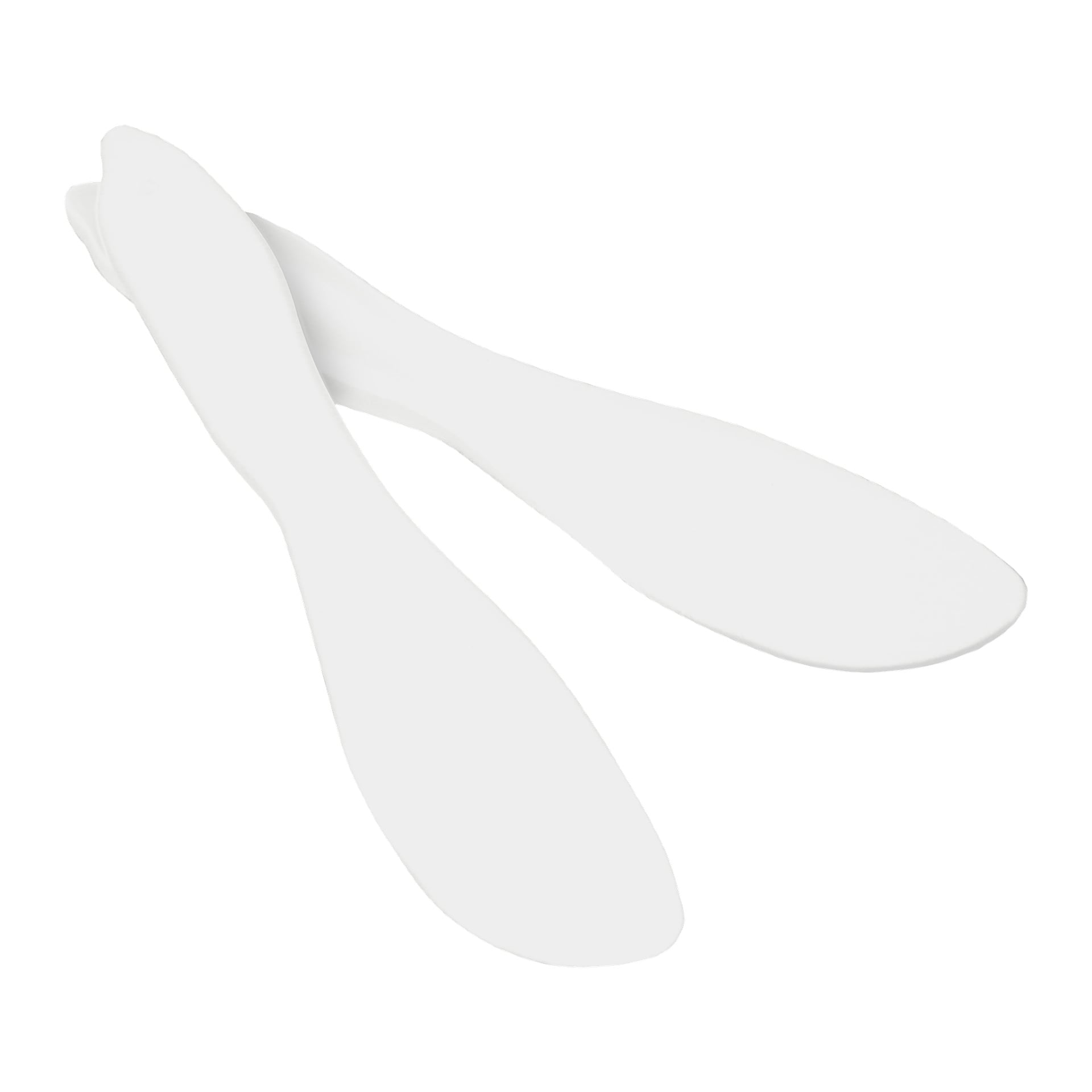 Två vita plast-Menuett-smörknivar med platta blad från ett tvåpack överlappar varandra.