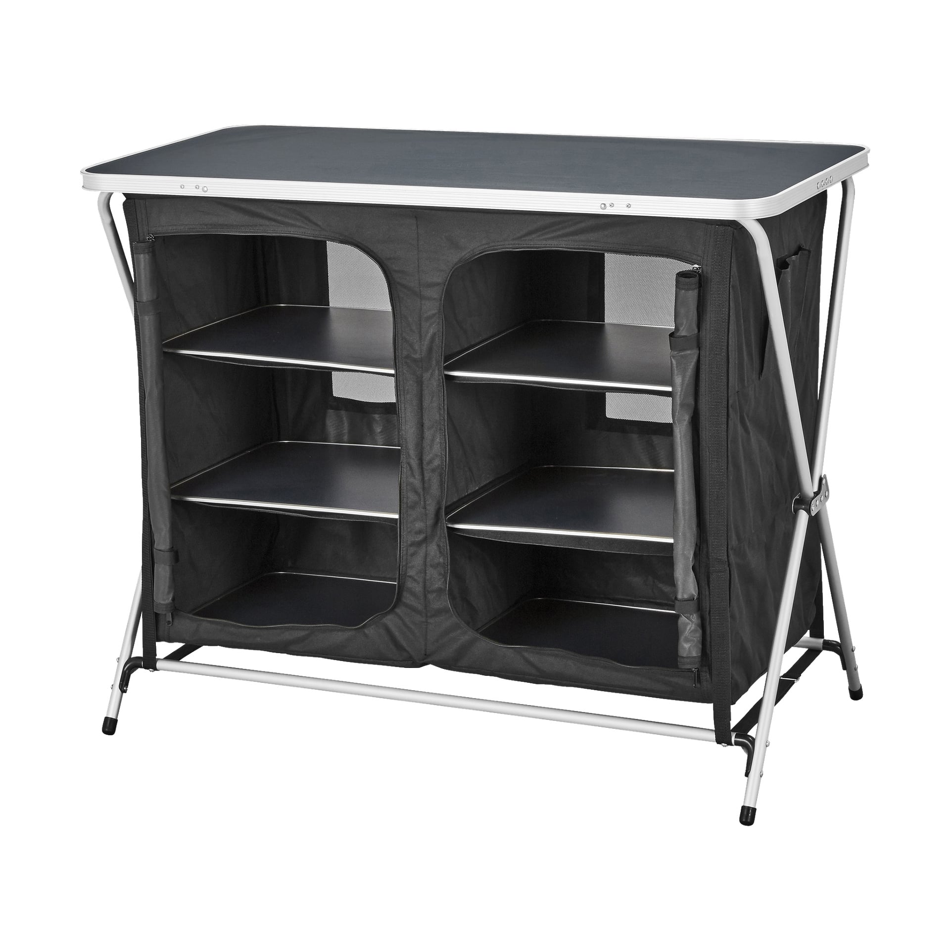 Kayoba Camping cabinet 8-delt sett har en sammenleggbar svart kropp, en robust sølvfarget metallramme, seks hyller inni, og delvis åpne glidelåsdører i stoff som viser romslig oppbevaring innvendig.