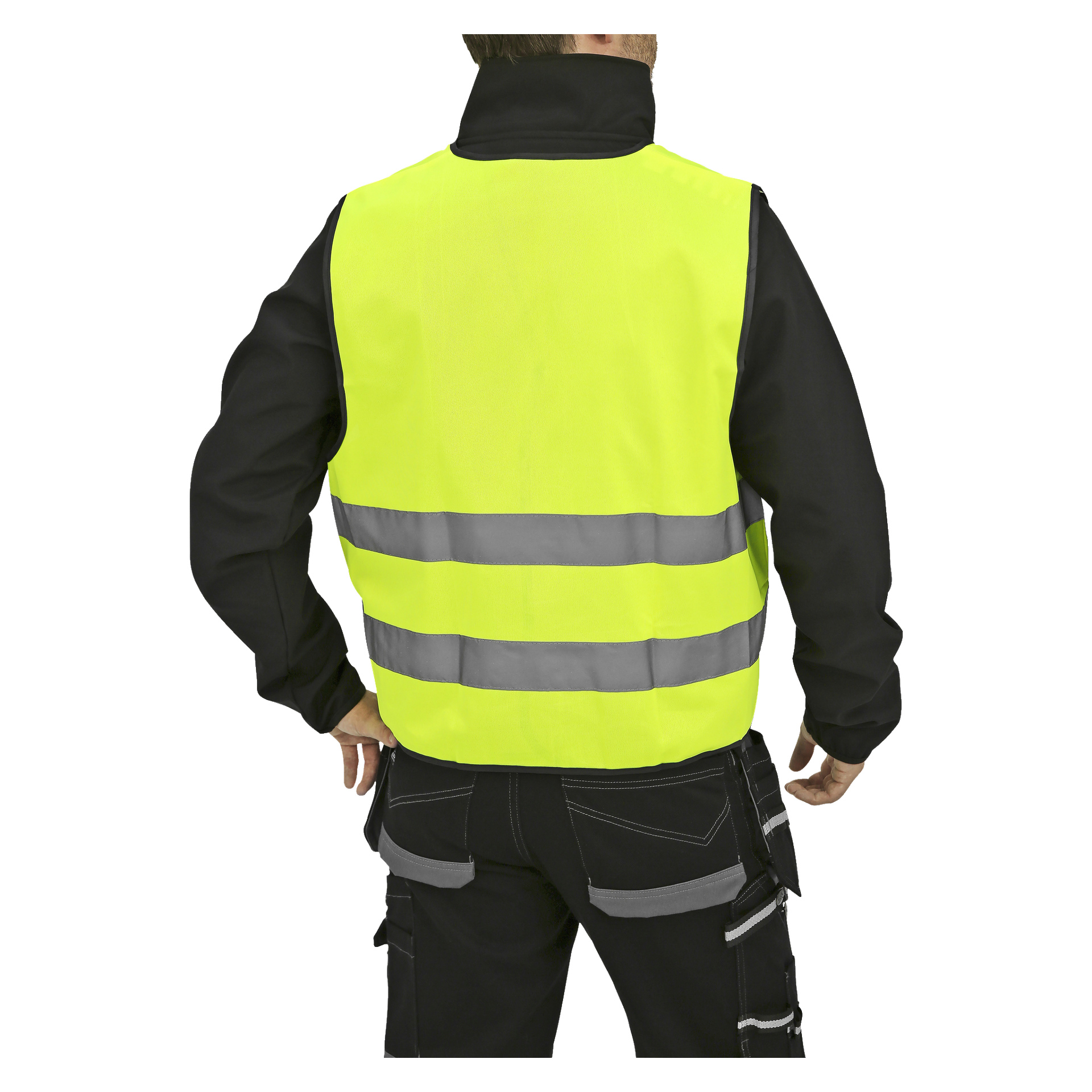 En person syns bakifrån, klädd i en klargul Bluewear reflekterande tabard med silverfärgade reflektorband. Västen bärs över en svart jacka och svarta arbetsbyxor med flera fickor.