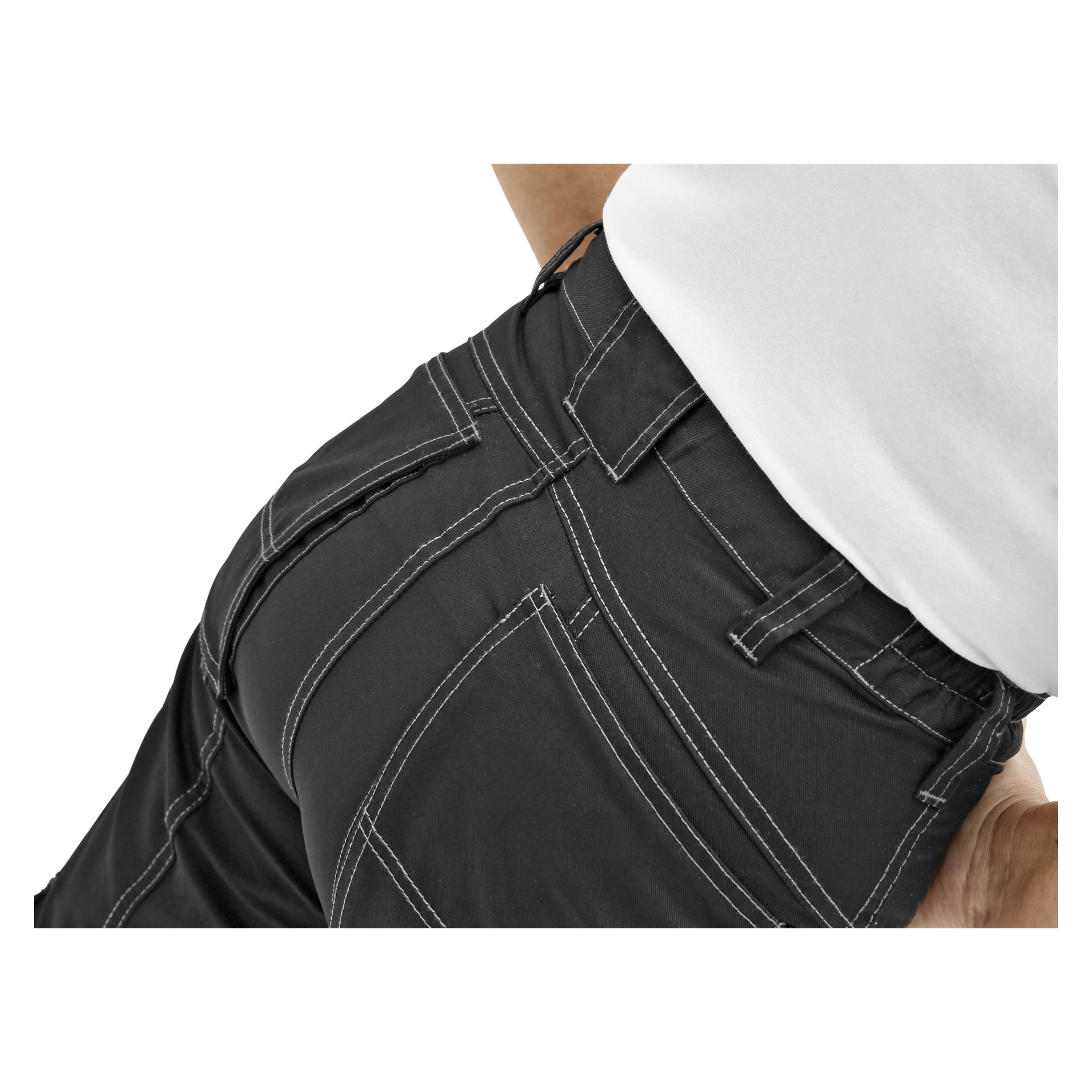 Bluewear Damen-Arbeitshosen werden in einer Nahaufnahme mit weißen Nähten, mehreren Taschen und detaillierten Nähten gezeigt. Das Bild konzentriert sich auf den Rücken und die Seite der Hose.