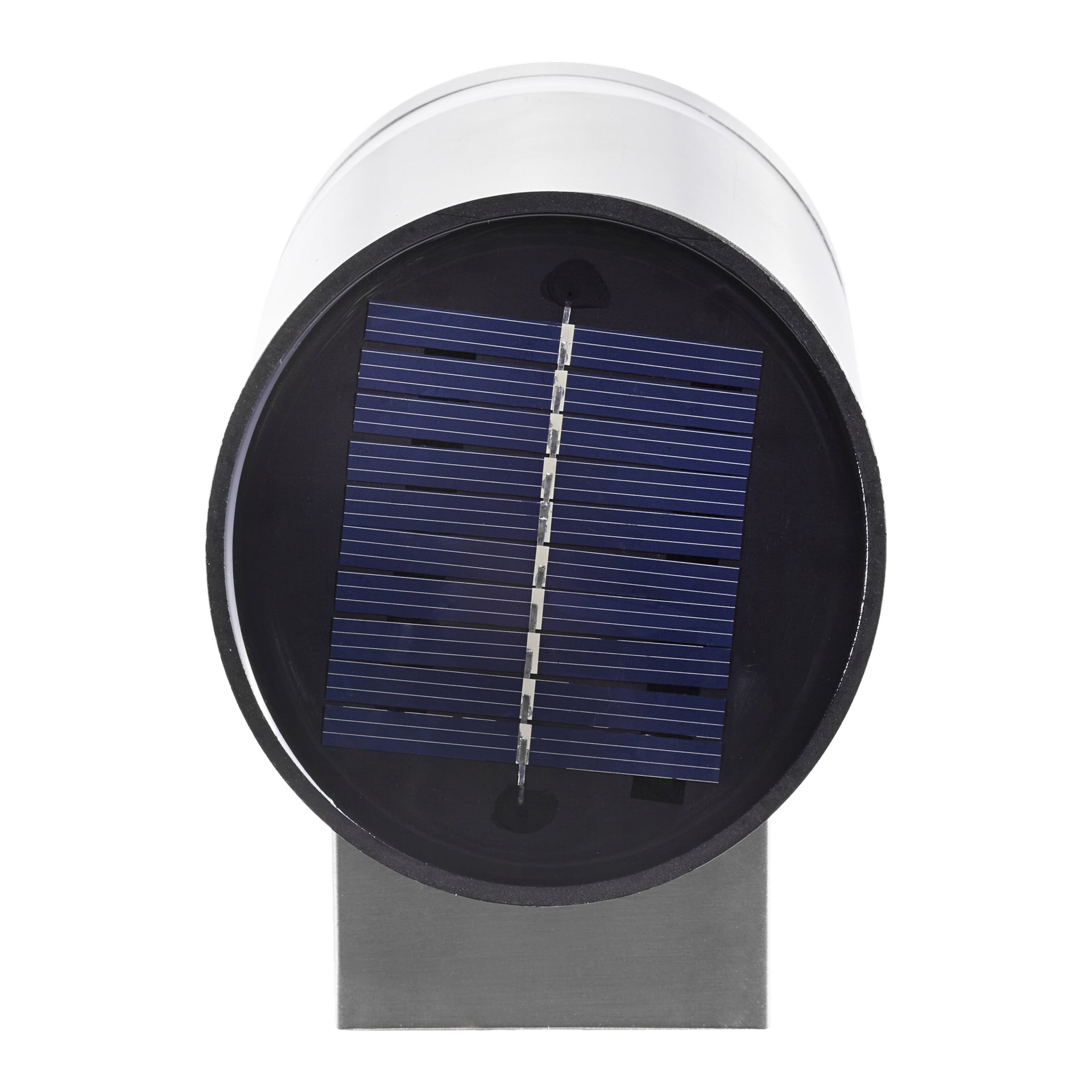 Et nærbilde av en rund vegglampe LED av Anslut med svart kabinett og et synlig lite solcellepanel.