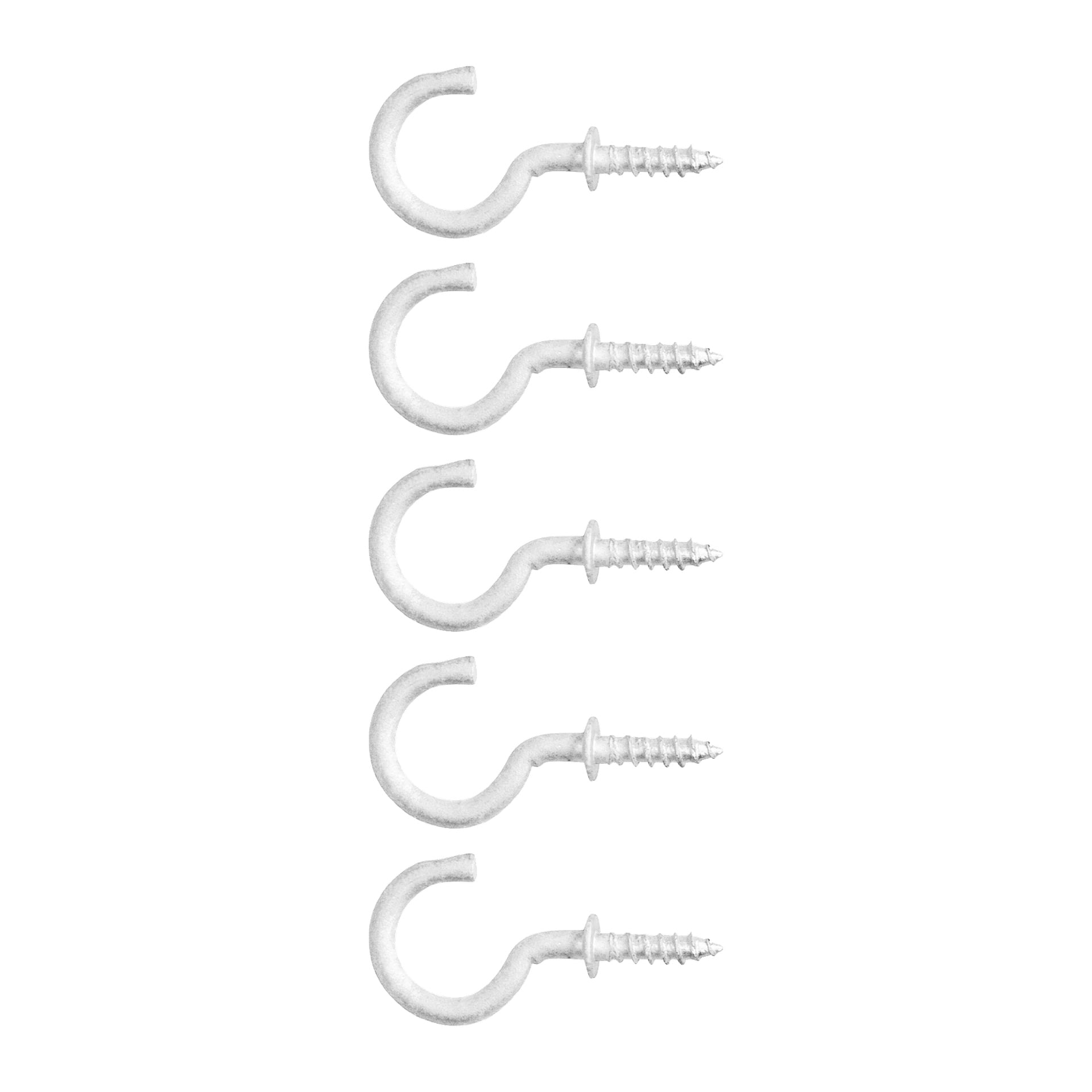 Fem matchande Hard Head skruvkrokar från en 5-pack är uppradade vertikalt. Varje har en gängad spets till höger och en böjd krok till vänster.
