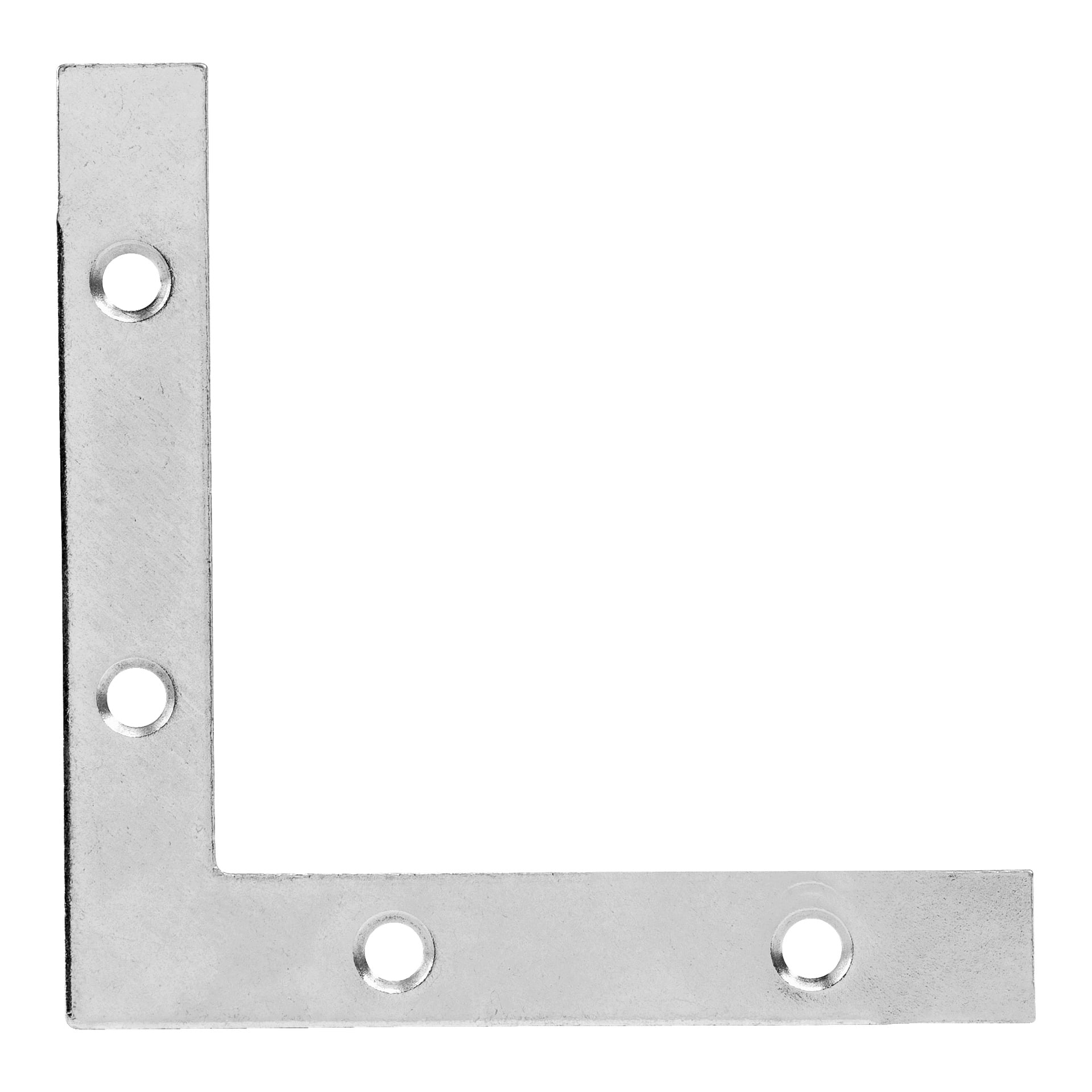 Fire metalliske Hard Head Corner-braketter vises, hver L-formet med to hull på begge armer for festing, ment å koble sammen eller støtte gjenstander i rett vinkel.