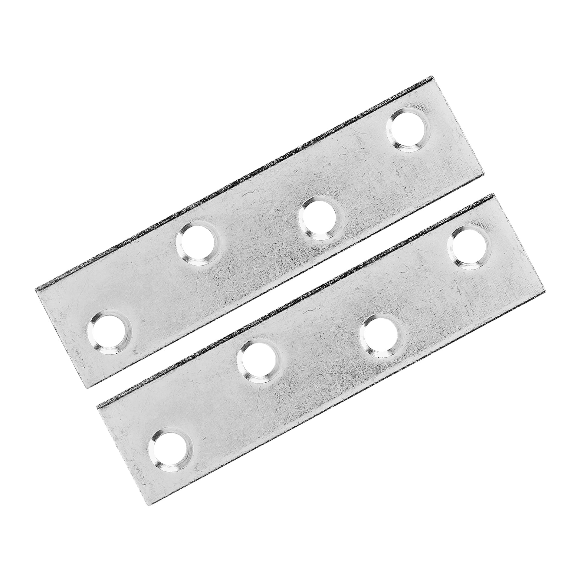 Ett par platta, rektangulära metallplattor från Hard Head Joint-plattans 2-pack, båda med fyra jämnt fördelade hål. Plattorna ligger parallella och överlappar något i ena änden.