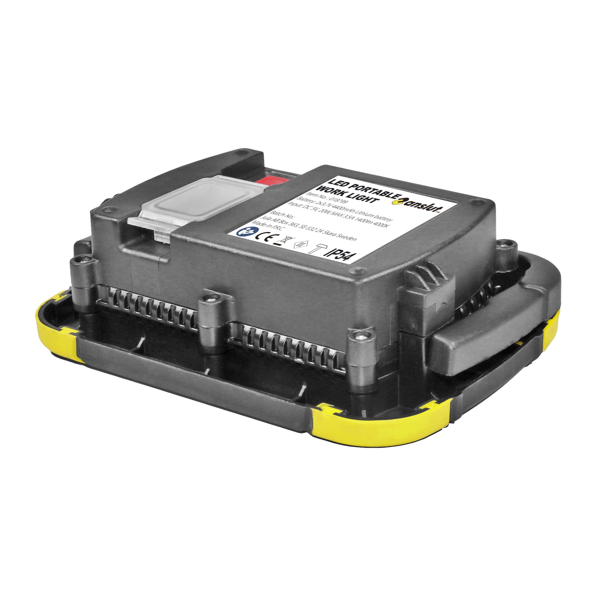 Czarno-żółty akumulator Anslut Rechargeable Work Light z oznaczoną górną powierzchnią, żebrami chłodzącymi oraz przezroczystą osłoną chroniącą przycisk lub port.