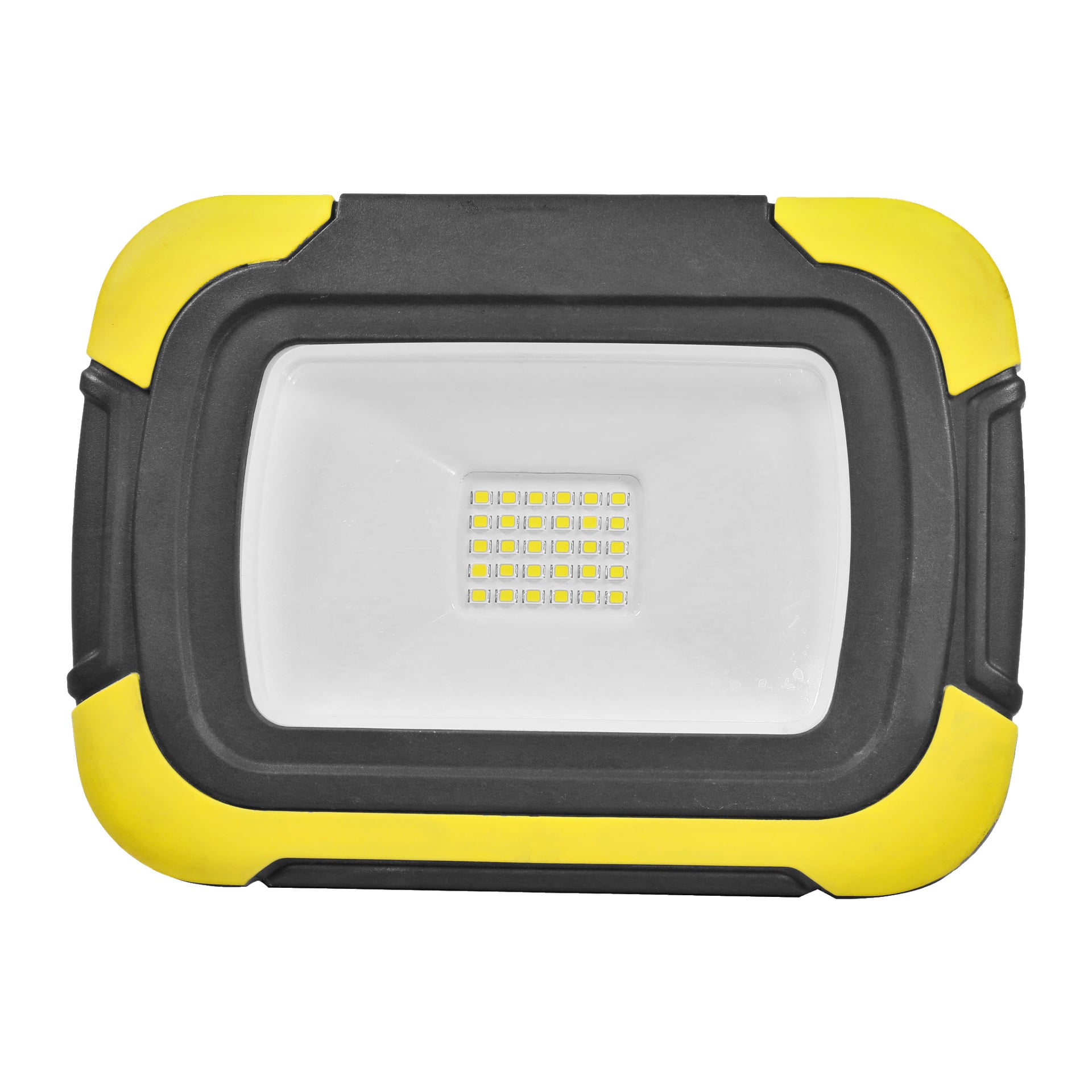 Anslut Rechargeable Work Light z czarno-żółtą gumową obudową, oglądaną z góry. W centrum znajduje się siatka małych żarówek LED otoczonych odbijającą białą powierzchnią.
