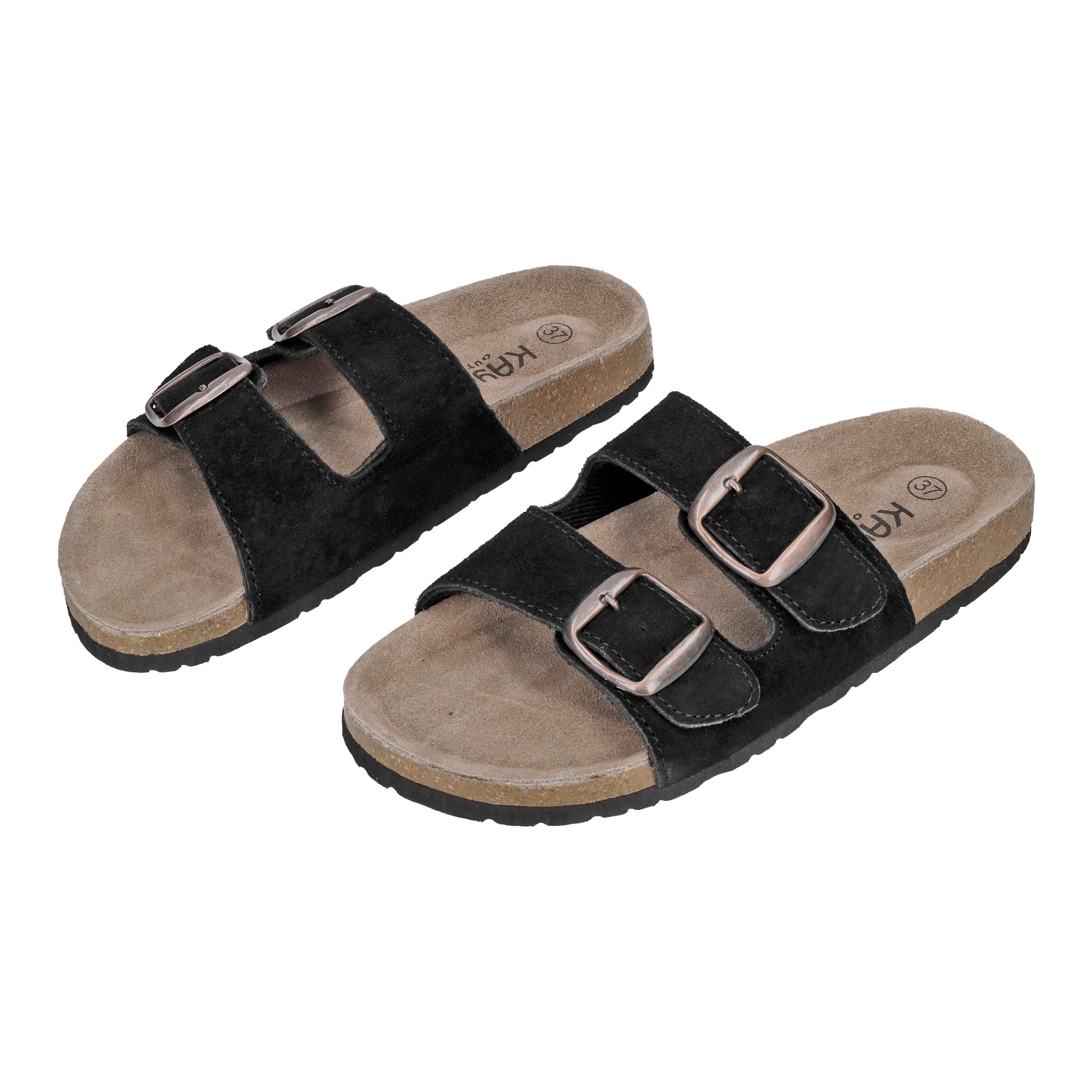 Ett par svarta Kayoba Outdoor Bio-sandaler med två justerbara remmar och metallspännen på varje, korkfotbäddar och texturerade svarta sulor.