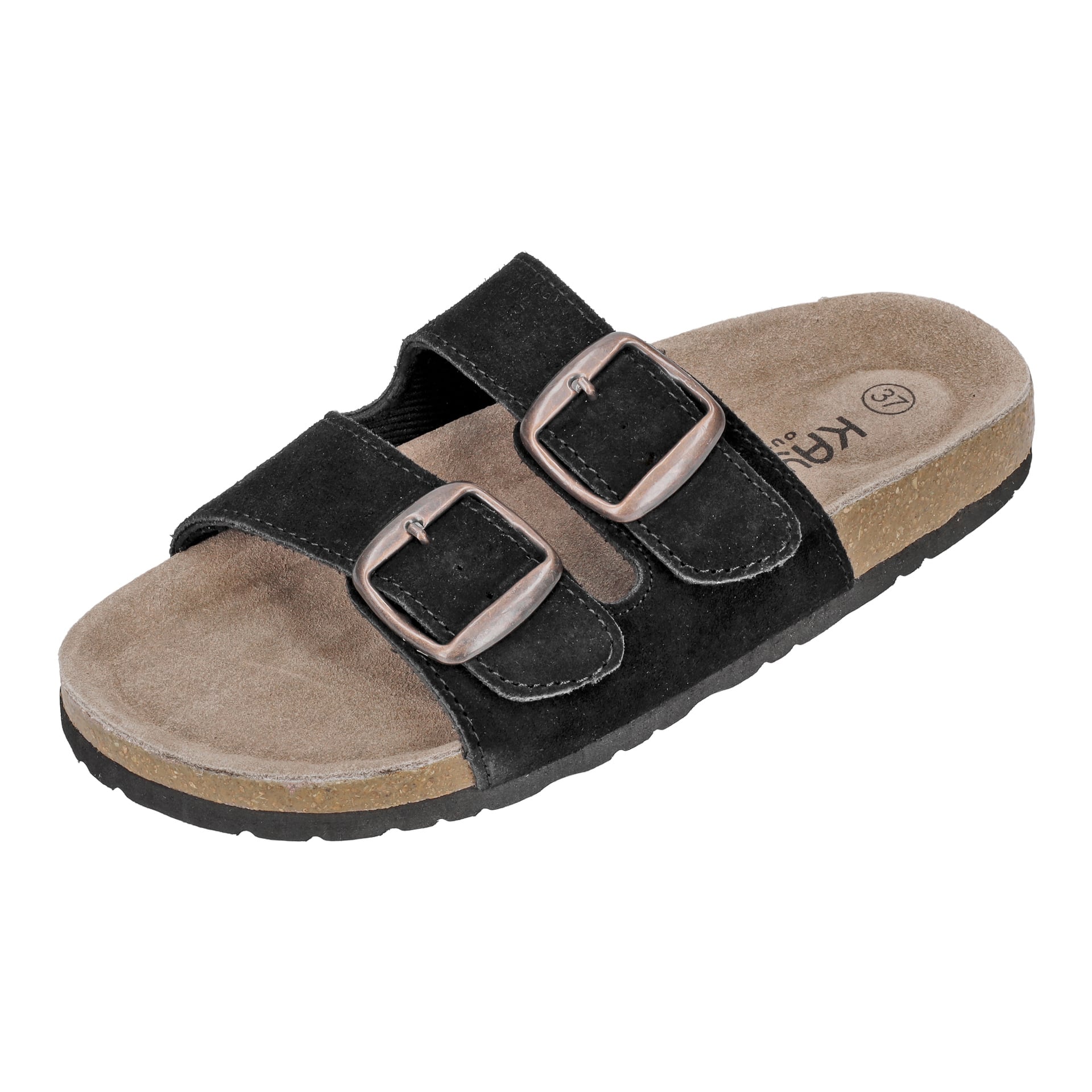 Kayoba Outdoor Bio-sandaler har två breda svarta remmar med stora silverspännen och en korkliknande sula med en beige fotbädd. Sandalen är placerad i en liten vinkel.
