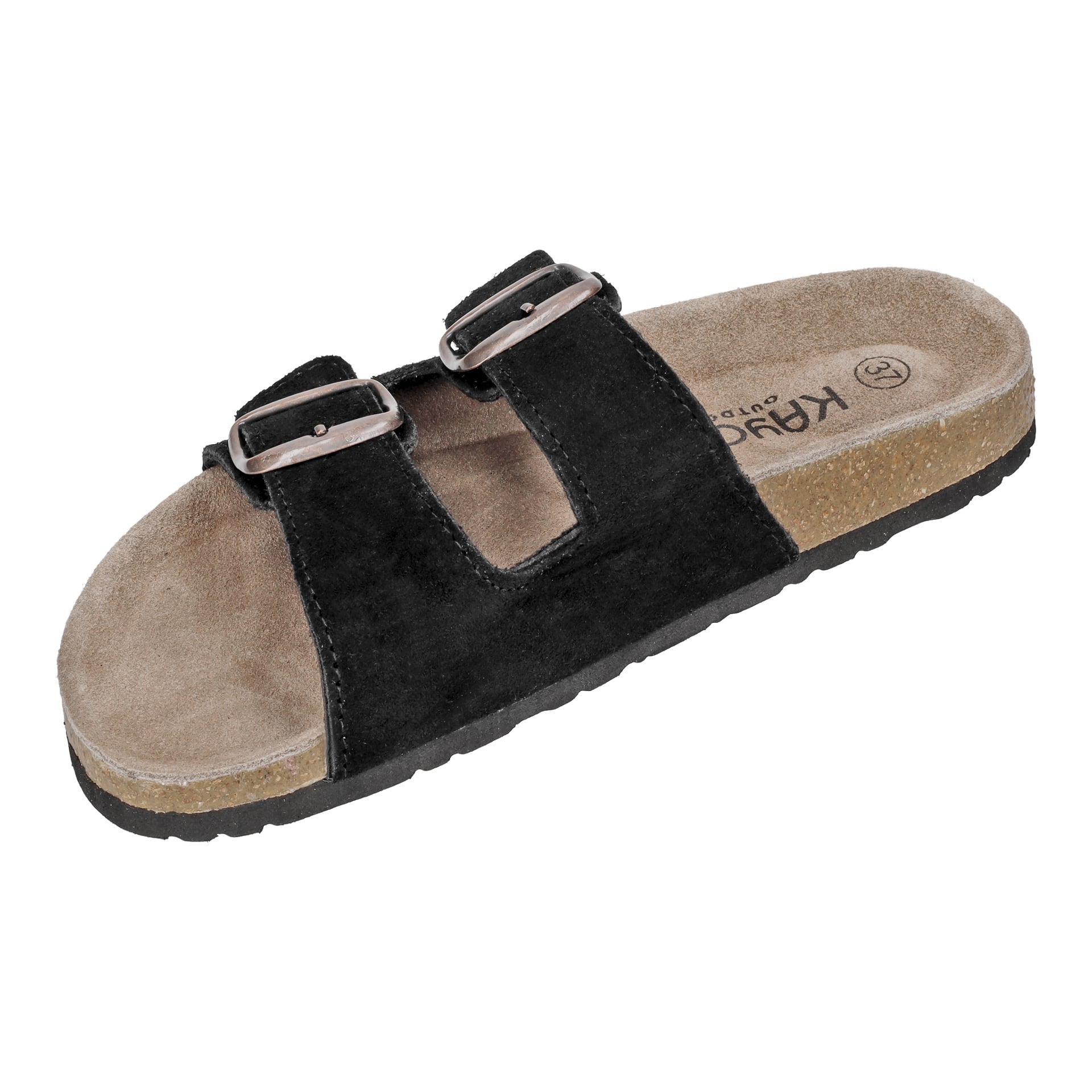 Kayoba Outdoor Bio-sandalerna framstår från en något upphöjd vinkel. De har två justerbara svarta spänneband, en korksula och en beige formad fotbädd designad för komfort.