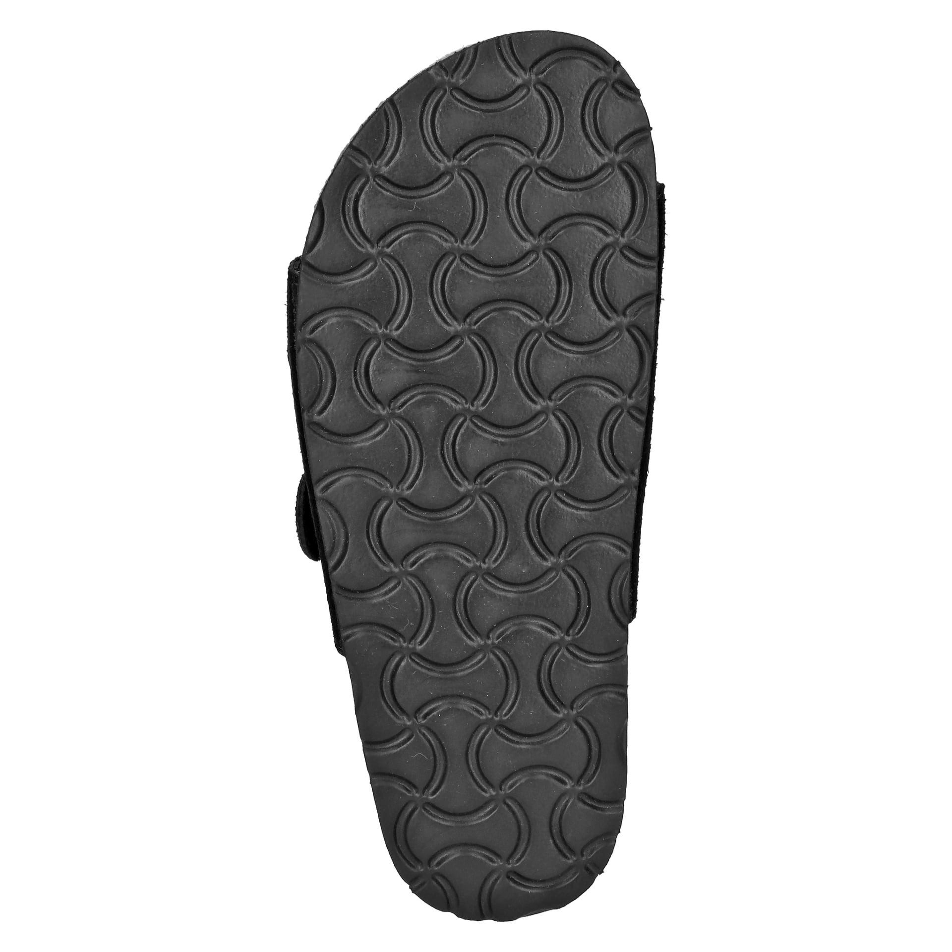 Underifrån av Kayoba Outdoor Bio-sandaler som visar hela den svarta sulan med ett mönster av upprepade cirkulära vågor, centrerade och fyllande det vertikala utrymmet.