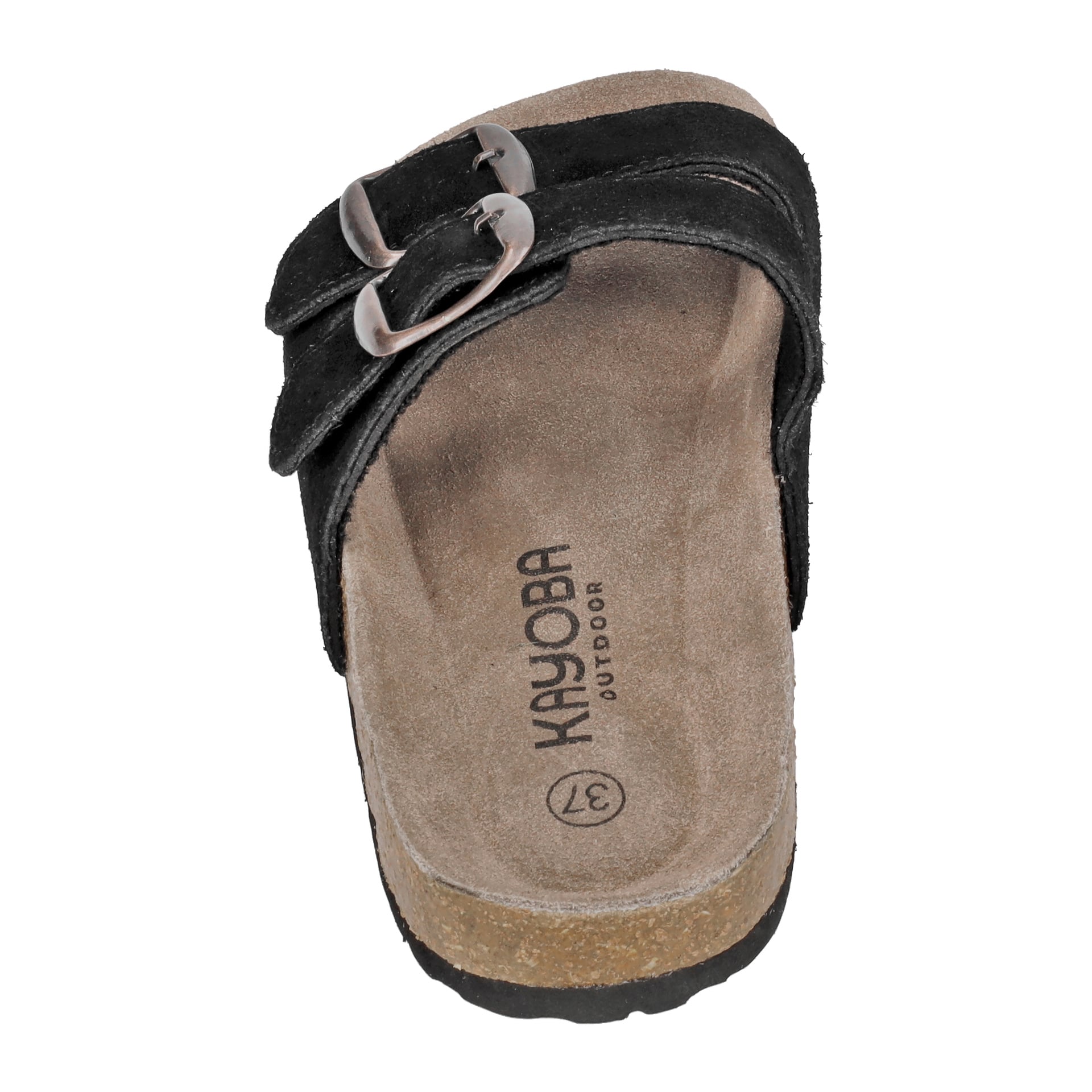 En svart Bio-sandal från Kayoba Outdoor med två silverspännen, en korkfotbädd och storlek 37 angiven på insidan.