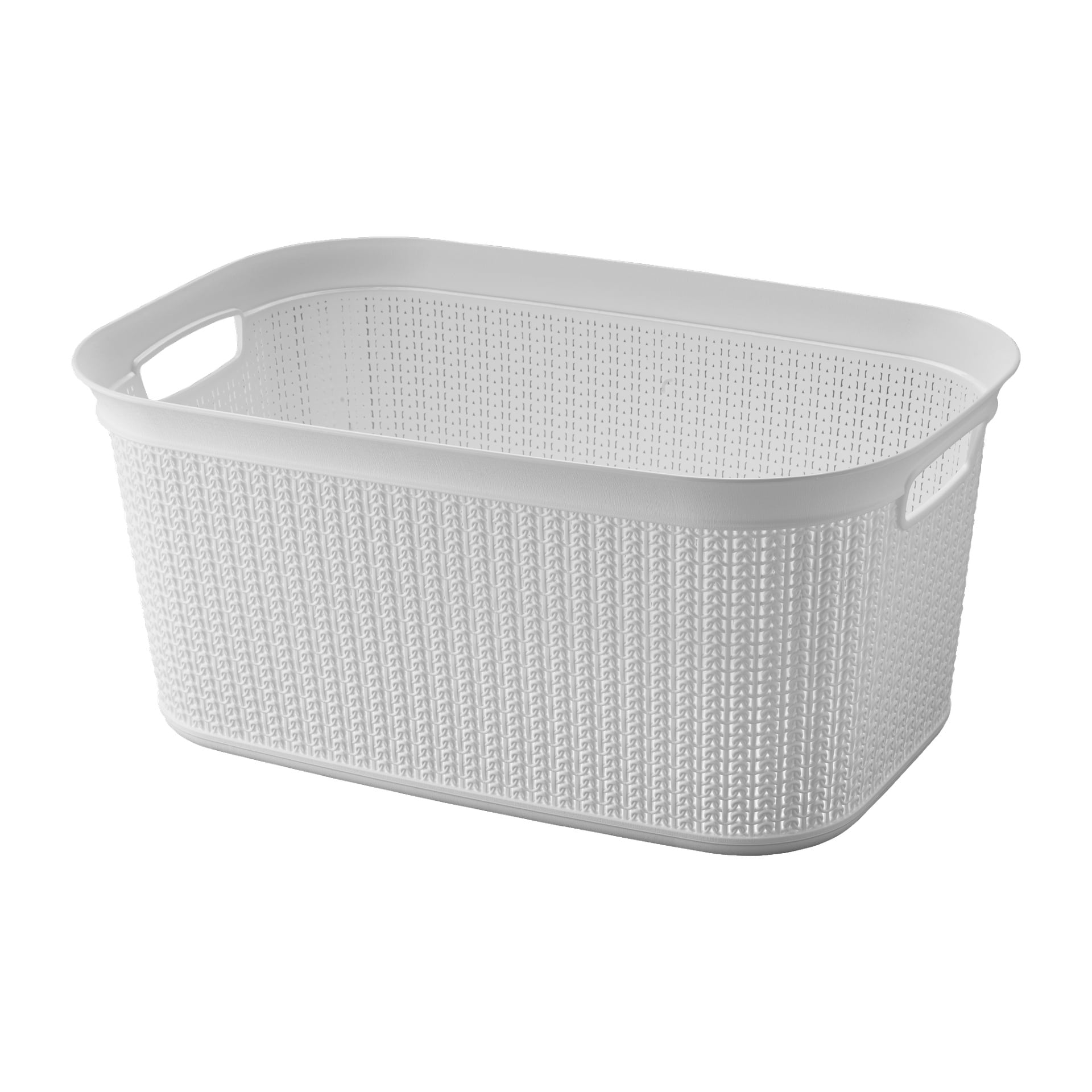 Menuett vaskekurv, en rektangulær hvit plastkurv med utskårne håndtak og vevd tekstur.