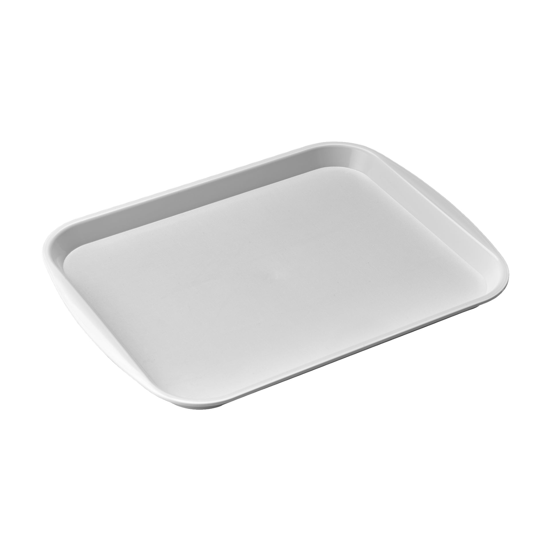 En enkel rektangulär vit plastserveringsbricka från Menuett med lätt upphöjda kanter.