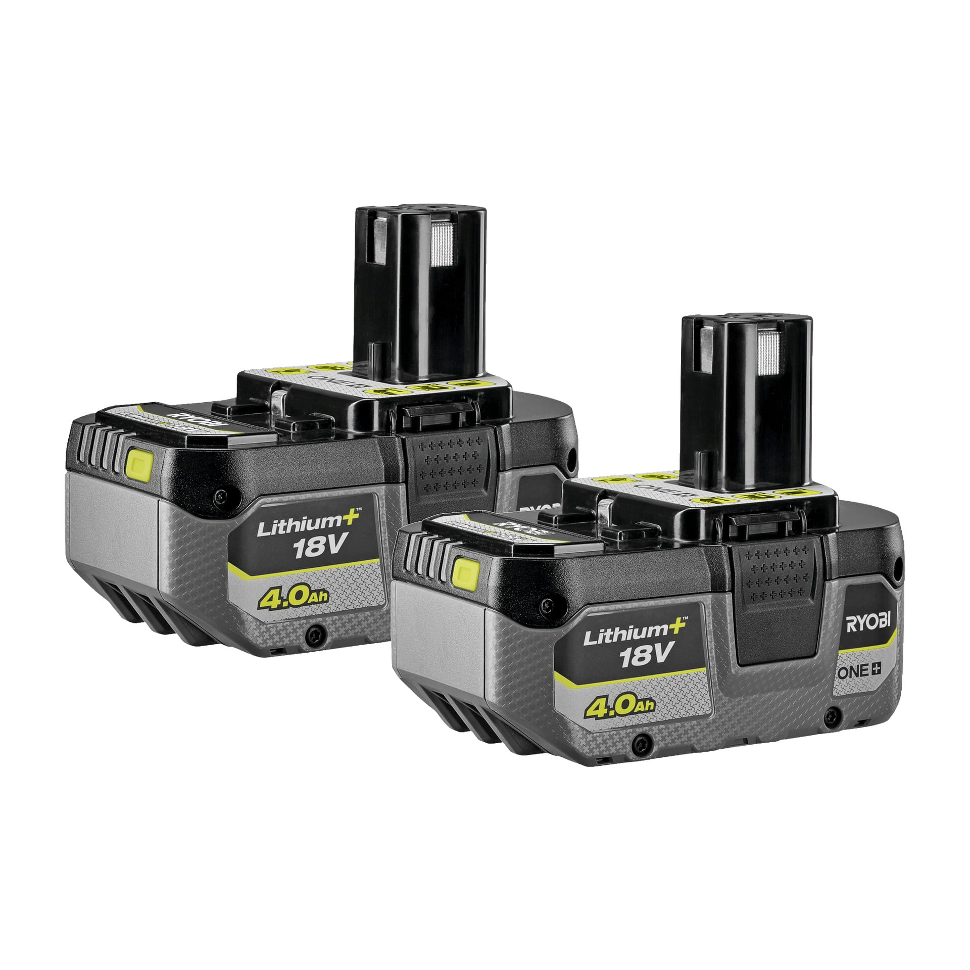 Två Ryobi One+ RB1840X-batterier från ett tvåpack, vardera 18V Lithium+ med en kapacitet på 4,0 Ah, placeras bredvid varandra. Båda batterierna är svarta och grå och har gula och gröna märkningar.