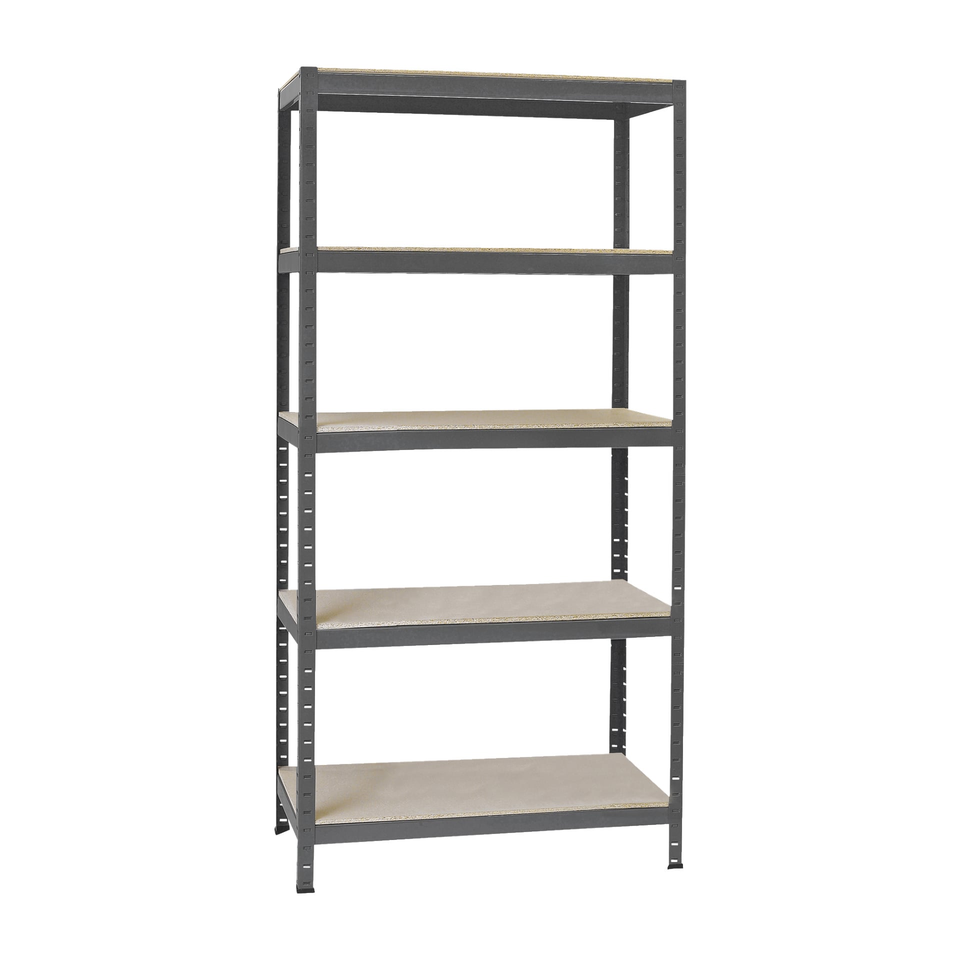 Hard Head Storage-hyllen er en høy, frittstående hylleenhet med fem rektangulære hyller laget av lyst tre, støttet av en svart metallramme.