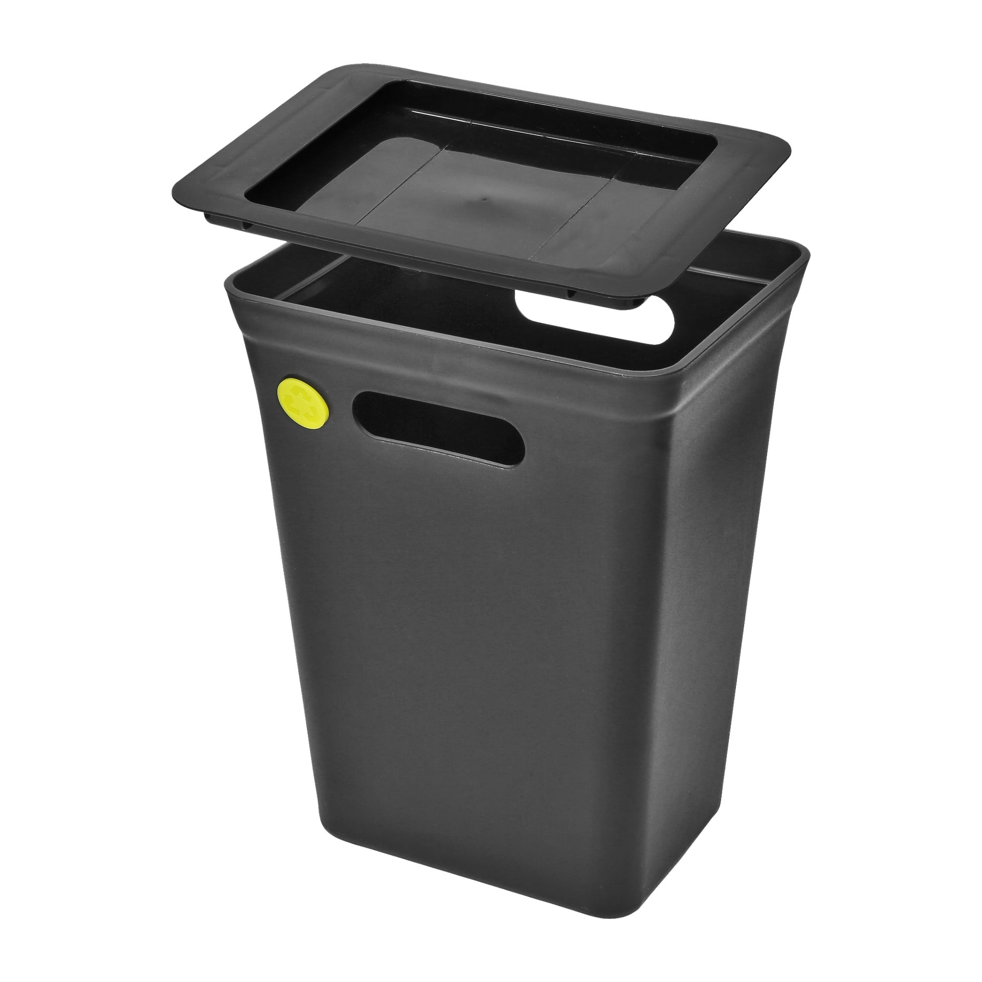 En svart plastbehållare för Hard Head Recycling visas med sitt matchande lock på glänt. Behållaren har två rektangulära handtag och en liten gul cirkulär klisterlapp på ena sidan.