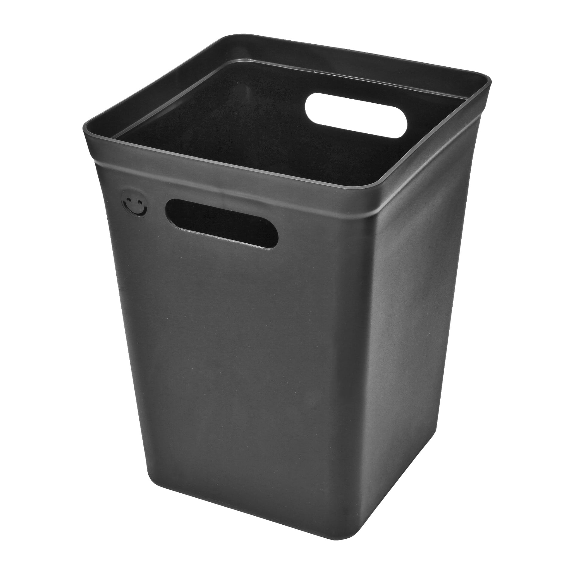 En rektangulär svart Hard Head Recycling Container av plast, designad med släta, rundade kanter och två ovala handtag placerade nära toppen. Ytan är slät och det finns ett litet cirkulärt märke på ena sidan.