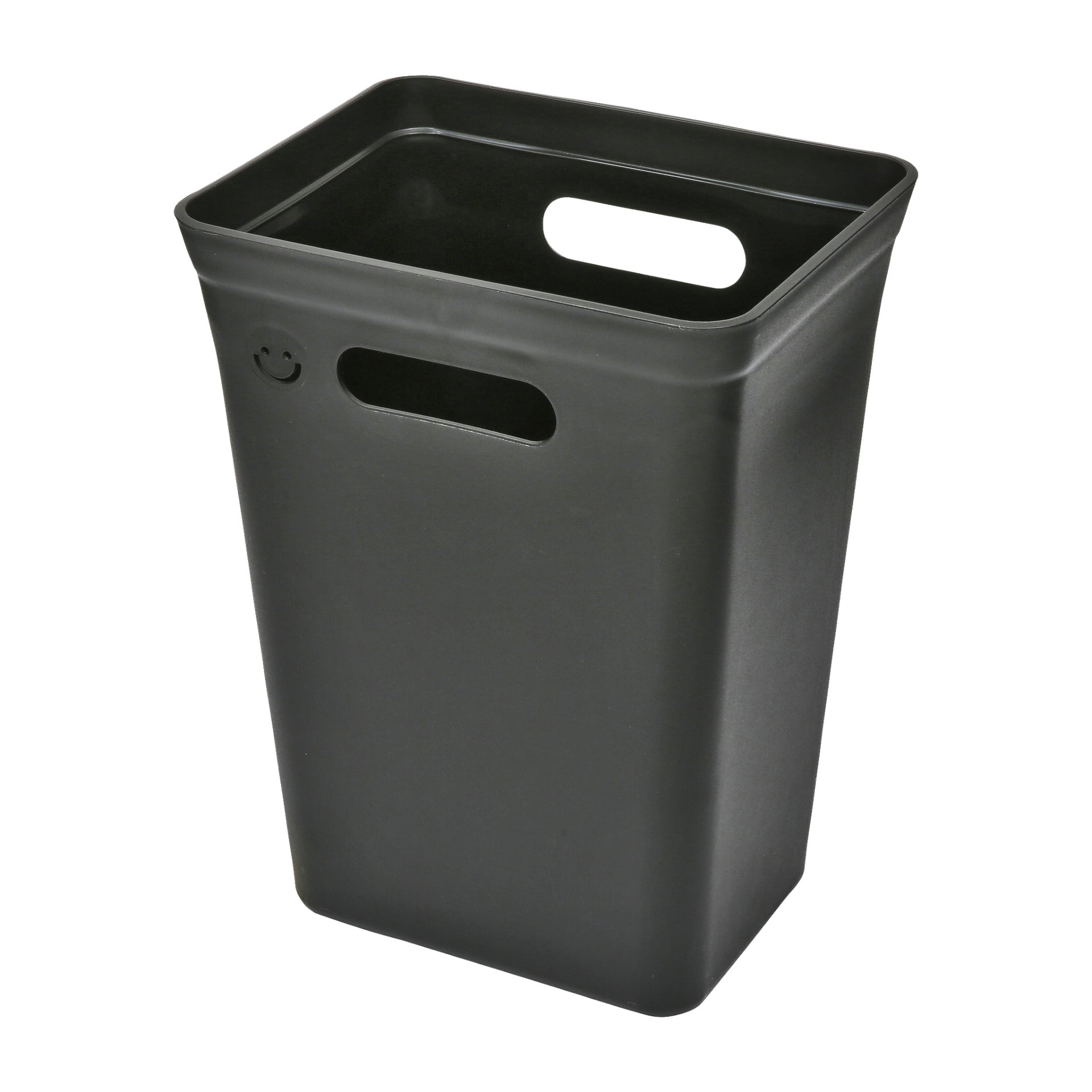 En svart plastbehållare för Hard Head återvinning med rektangulär kropp, rundade hörn och två ovalformade handtag placerade på vardera sidan nära fälgen. Ytan har en svag glans och behållaren är tom.