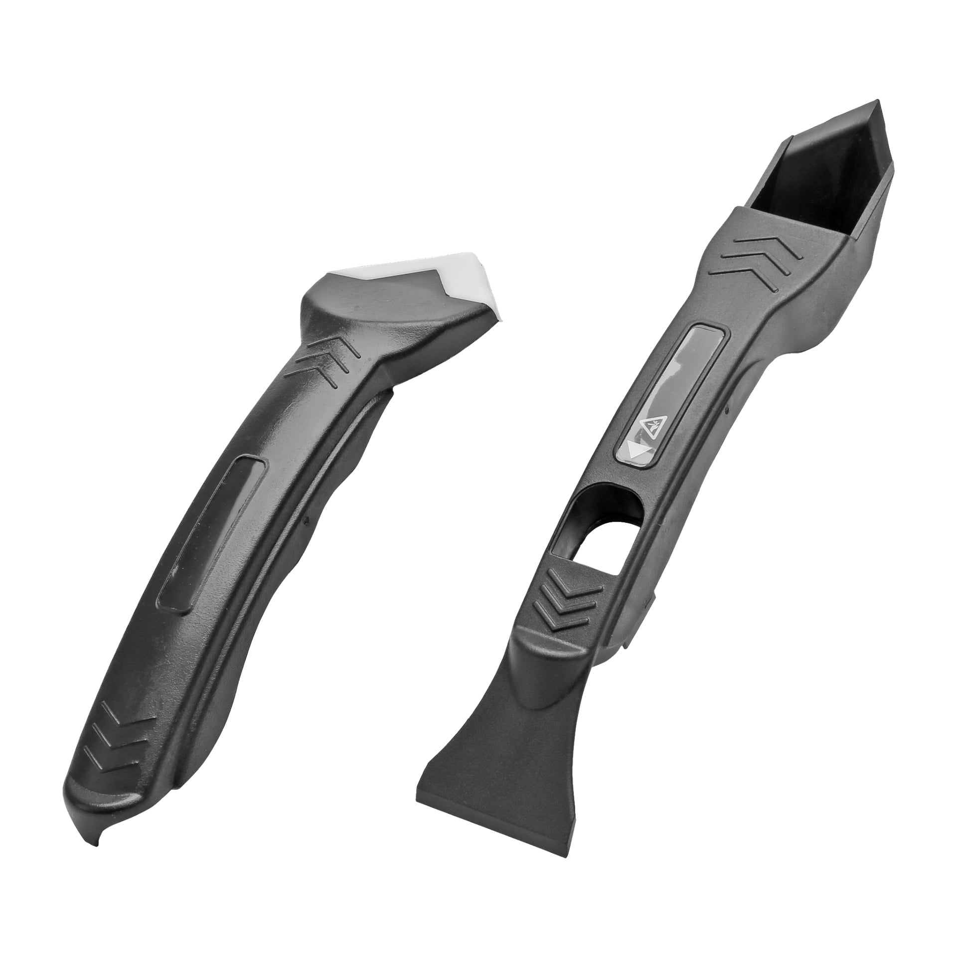 Dwa czarne plastikowe narzędzia do wykończenia fug z zestawu Hard Head Silicone do skrobaków, część siedmioczęściowego zestawu. Jedno narzędzie ma ostry czubek, podczas gdy drugie ma szerokie, płaskie ostrze. Oba narzędzia mają teksturowane trzonki i kanciaste kształty, zaprojektowane do skutecznego wygładzania lub usuwania uszczelniacza czy uszczelniacza.