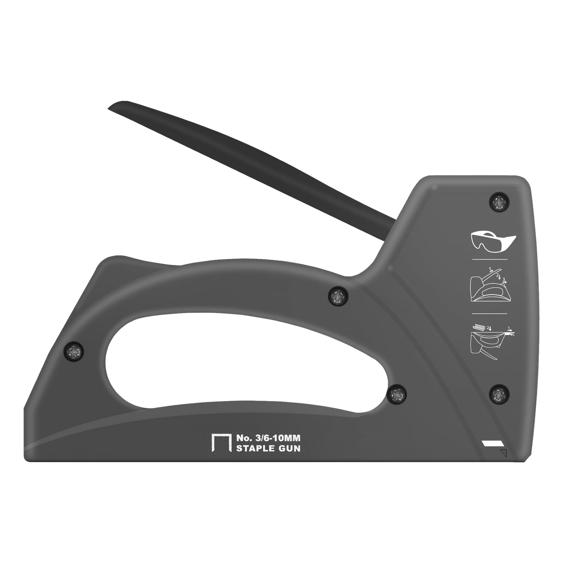 zszywacz Meec Tools oznaczony jako "No. 3/6-10MM STAPLE GUN" jest widoczny z wyraźną rękojeścią i spustem, a ikony instrukcji bezpieczeństwa widoczne są w prawym górnym rogu narzędzia.