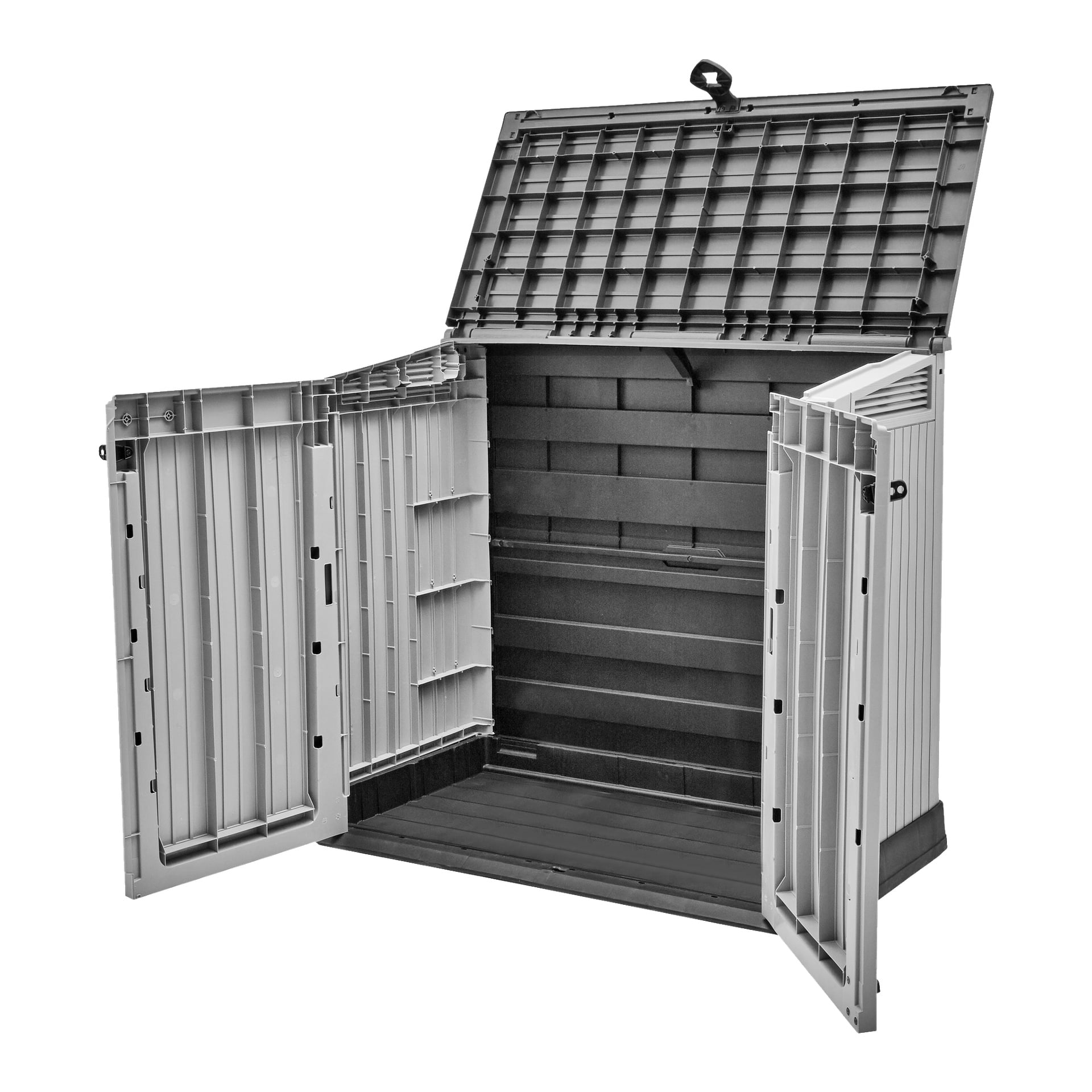 En romslig, slitesterk plast Hard Head Storage Unit med åpent hengslet lokk og doble frontdører gir enkel tilgang til interiøret. Skurets riflede vegger og flate gulv gjør det egnet til organisering av verktøy eller hageutstyr.