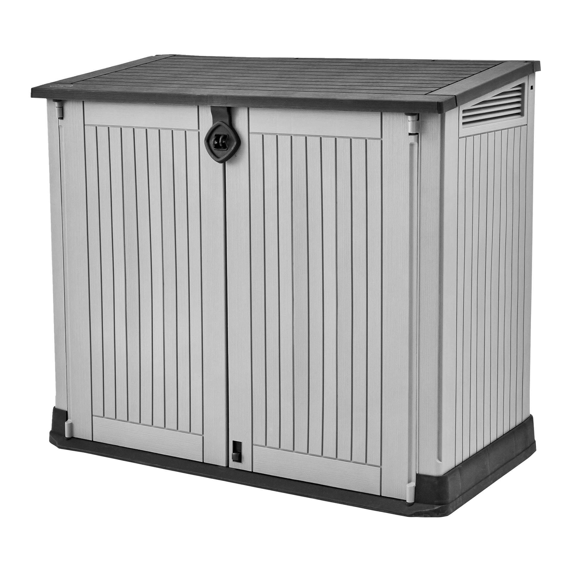 Et grått utendørs Hard Head Storage-skap med to høye paneldører, svart håndtak, glatt svart topp, ventilerte sidepaneler og en solid svart base.