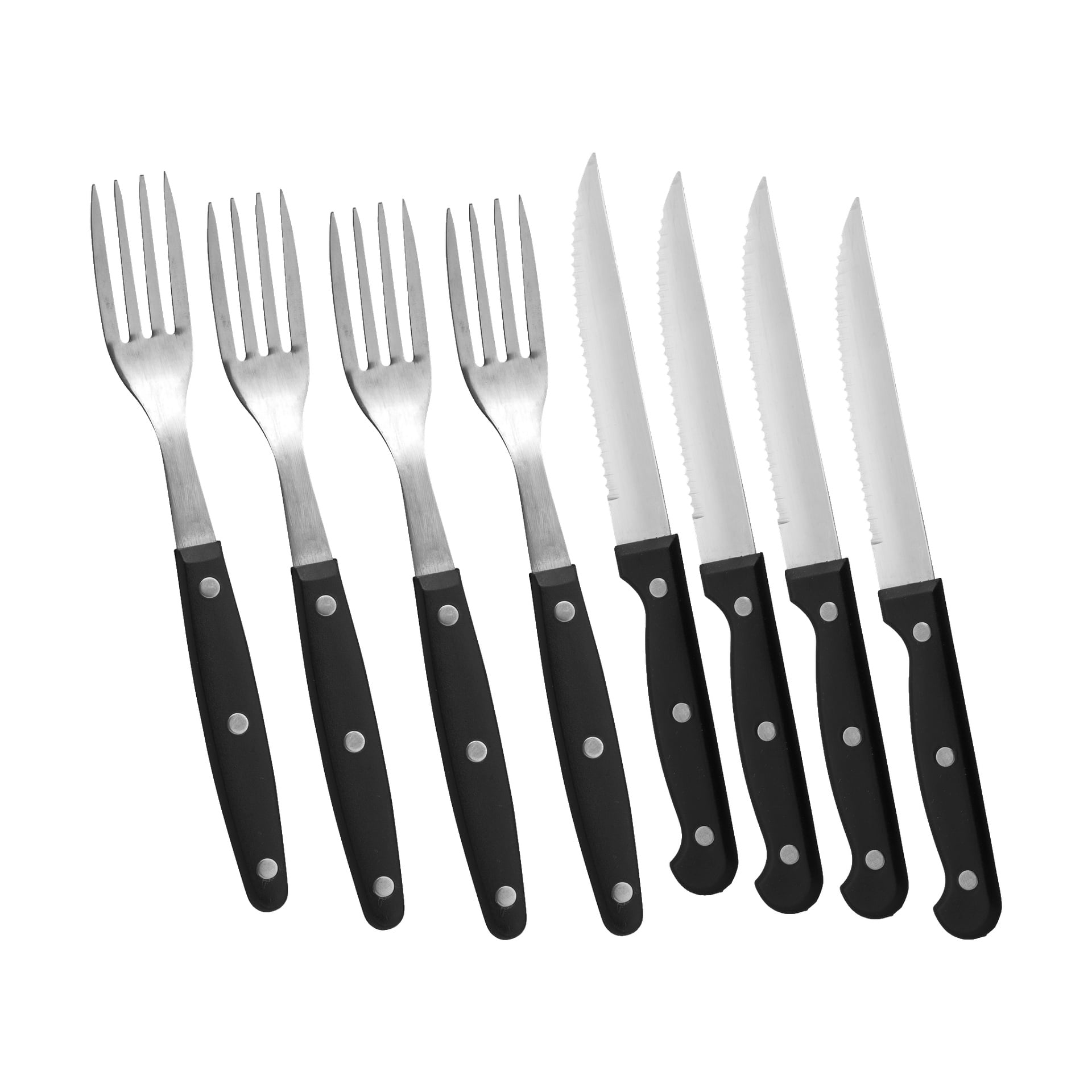 Osiem kawałków sztućców Grill firmy Menuett, każdy z czarną rączką i trzema srebrnymi nitami — cztery widelce i cztery ząbkowane noże — ułożonych jest w równym, równoległym rzędzie, równomiernie rozmieszczonych.