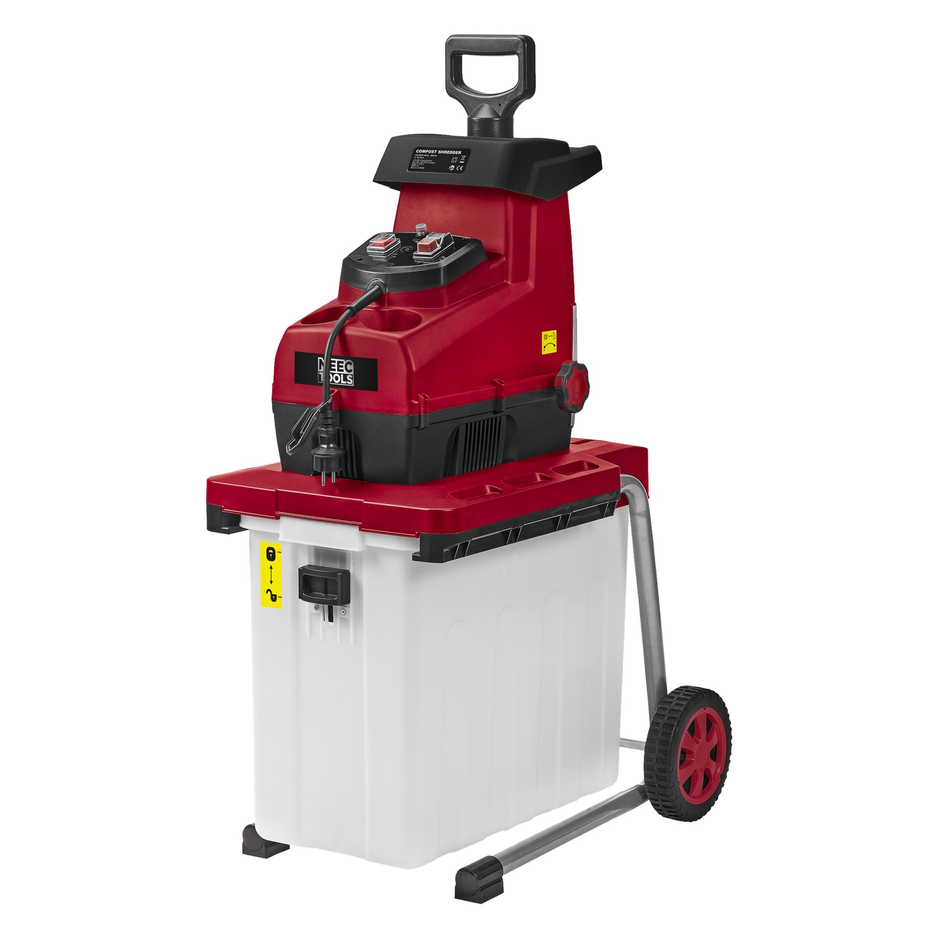 Meec Tools Compost shredder har en rød og svart elektrisk kropp med håndtak, kontrollpanel, hjul og en stor hvit innsamlingsboks nederst. Den hviler på en solid metallramme for stabilitet og enkel bevegelse.