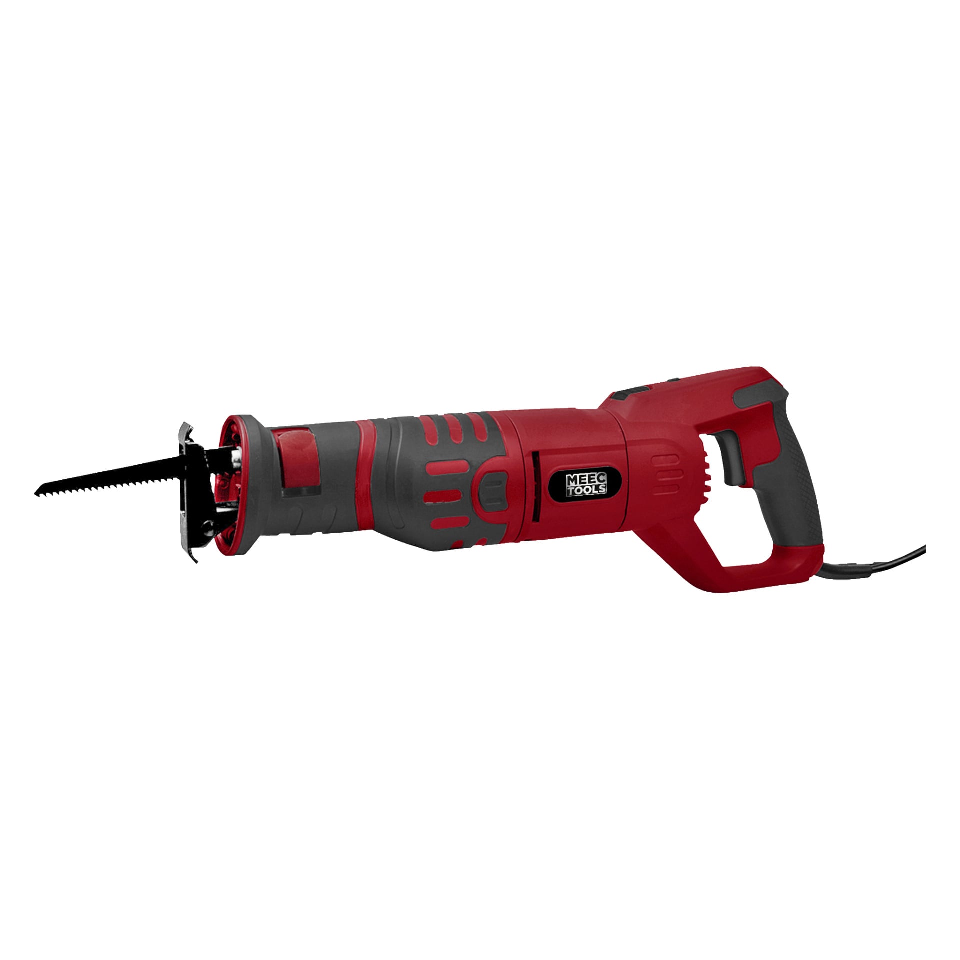 Eine rot-schwarze Meec Tools Reciprocating Saw RS-W HOME 300 mit sichtbarer Klinge ist ausgestellt.