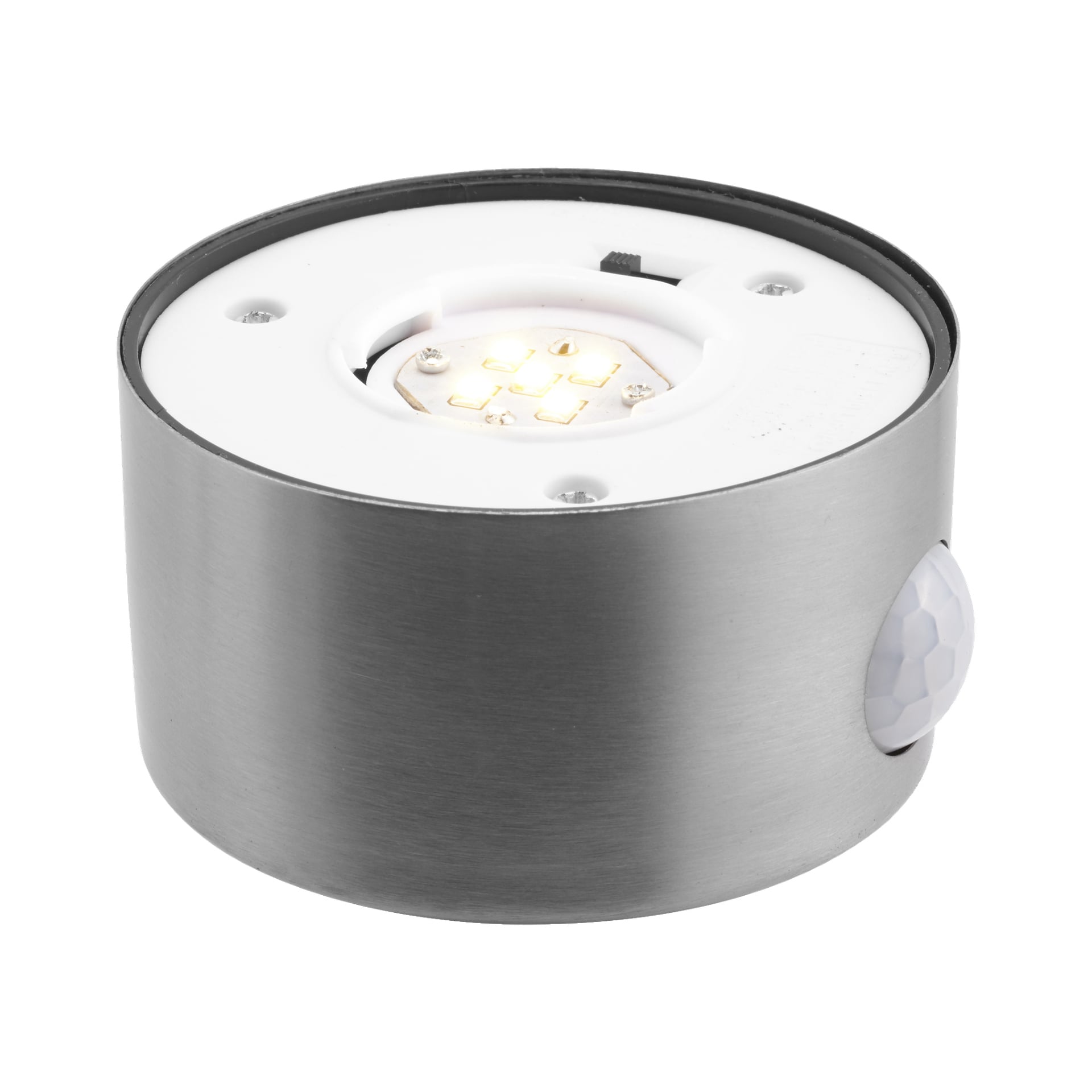 En cirkulär, silverfärgad Anslut solcellsbelysning med LED-lampor har en vit topp, exponerade LED-lampor i mitten och en sidorörelsesensor, avsedd för inomhusbruk eller i garderober.