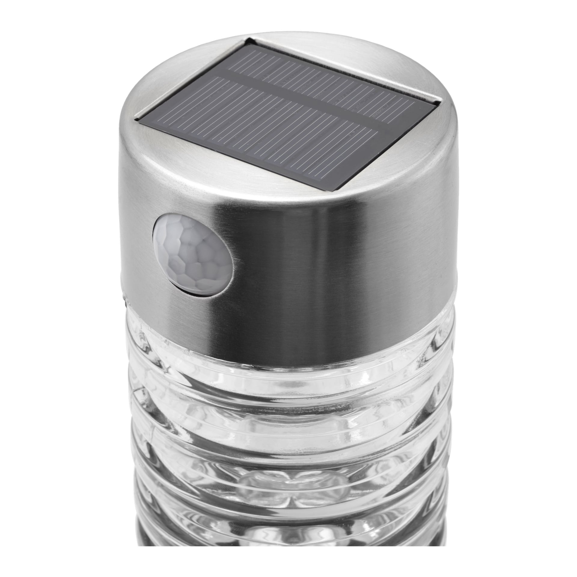 Detaljerad närbild av Anslut solcellsbelysnings-LED, som visar dess cylindriska form, solpanel monterad på toppen, metalllock med inbyggd sensor och en transparent räfflad glaskropp.