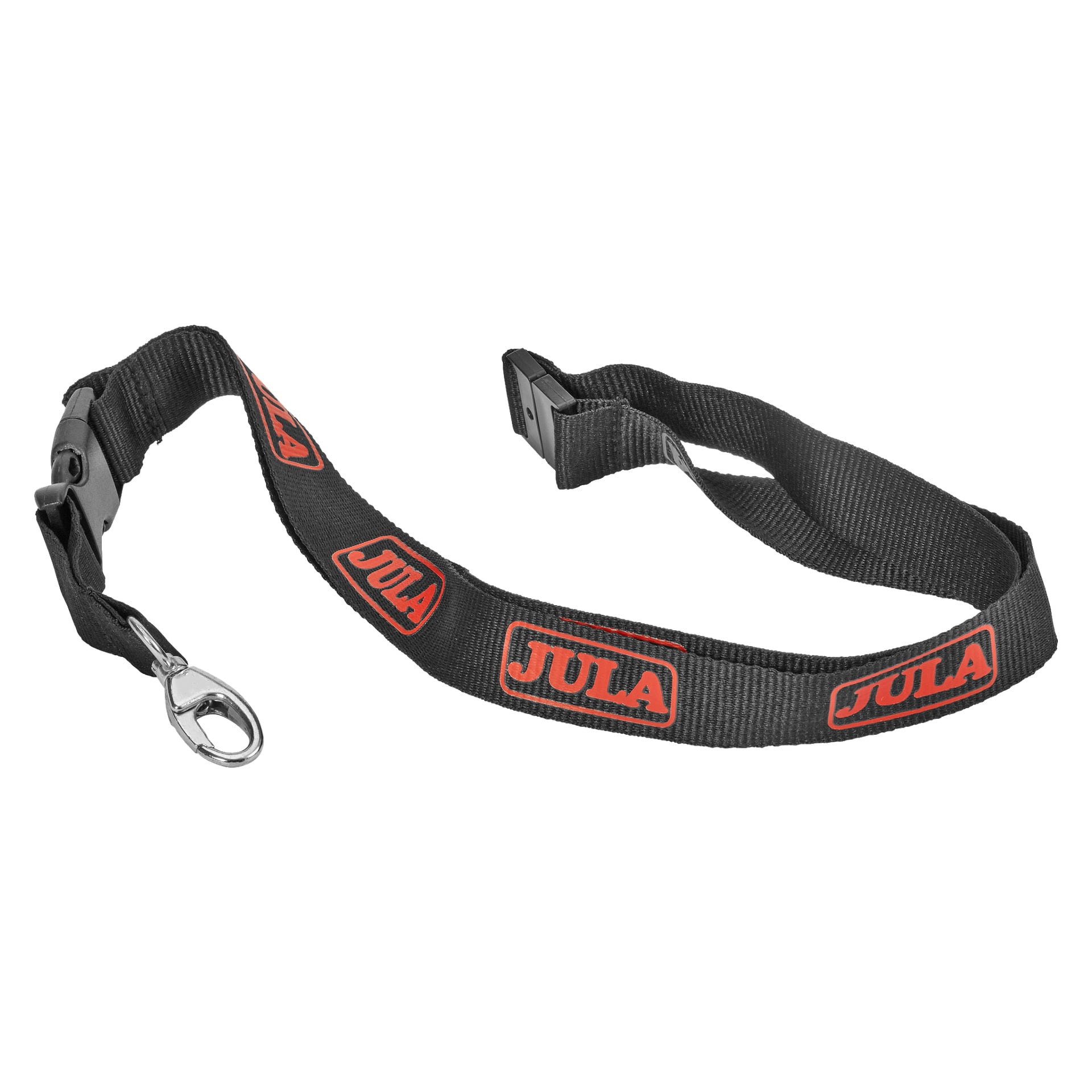 Nyckelremmen Jula är en svart nyckelrem med röda JULA-logotyper, utrustad med ett plastspänne och en metallklämma i ena änden.
