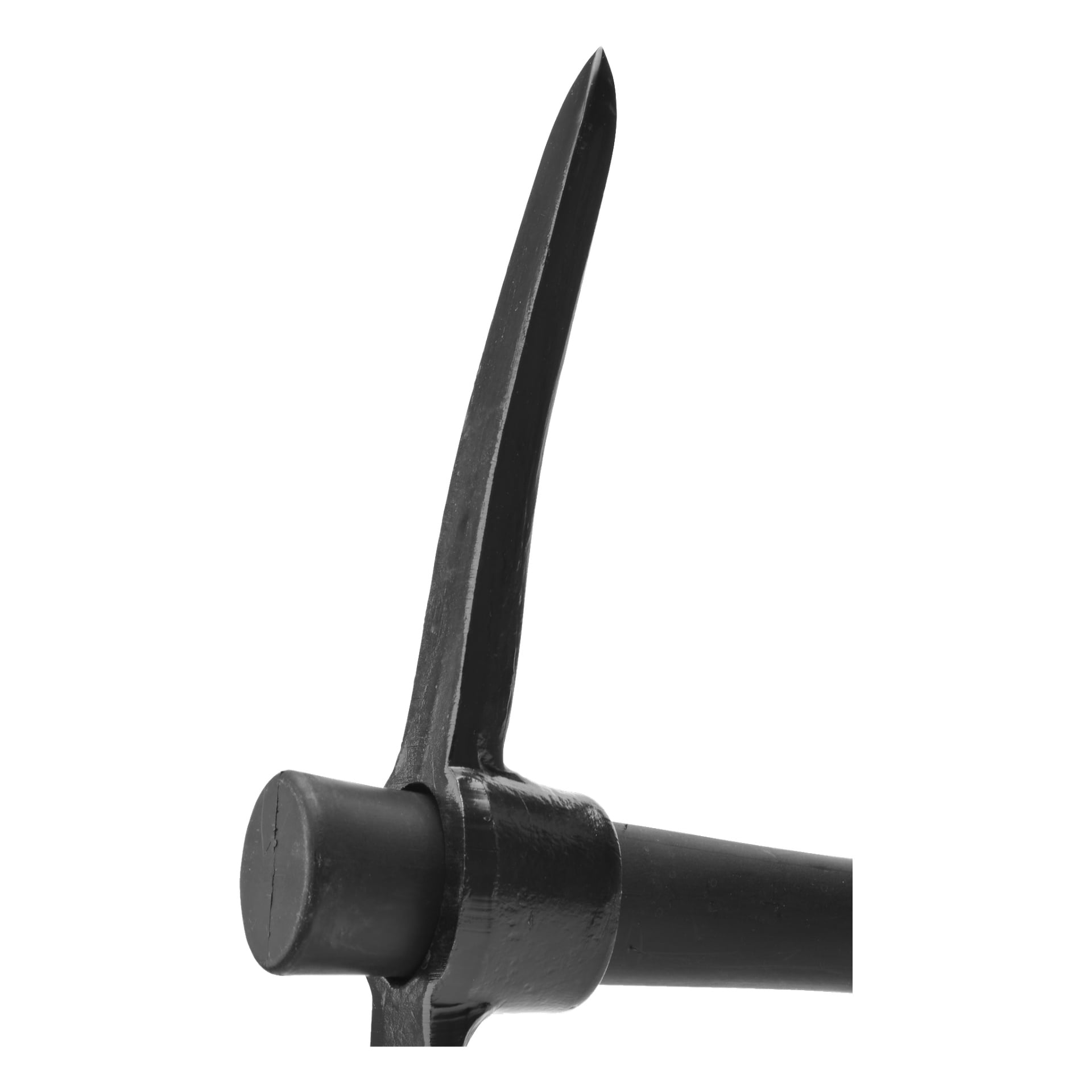 Närbild på en svart metall Hard Head Picke, med fokus på den spetsiga spetsen och en del av handtaget.
