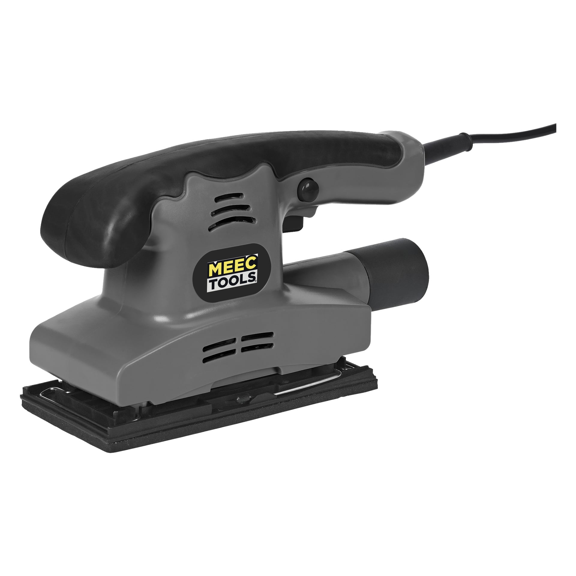 Harmaa ja musta Meec Tools -levyhiomakone, jossa on naru, suorakaiteen muotoinen pohja ja kahva.