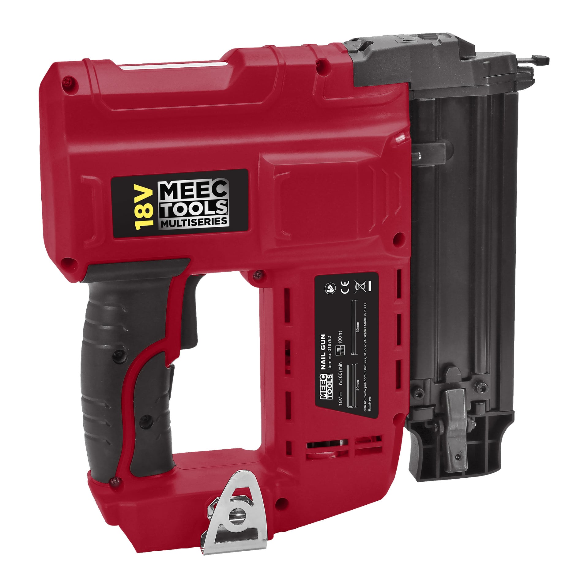 En röd Meec Tools Multiseries NG-18V HOME 500 batteridriven spikpistol med svart grepp och magasin visas i sidoprofil.