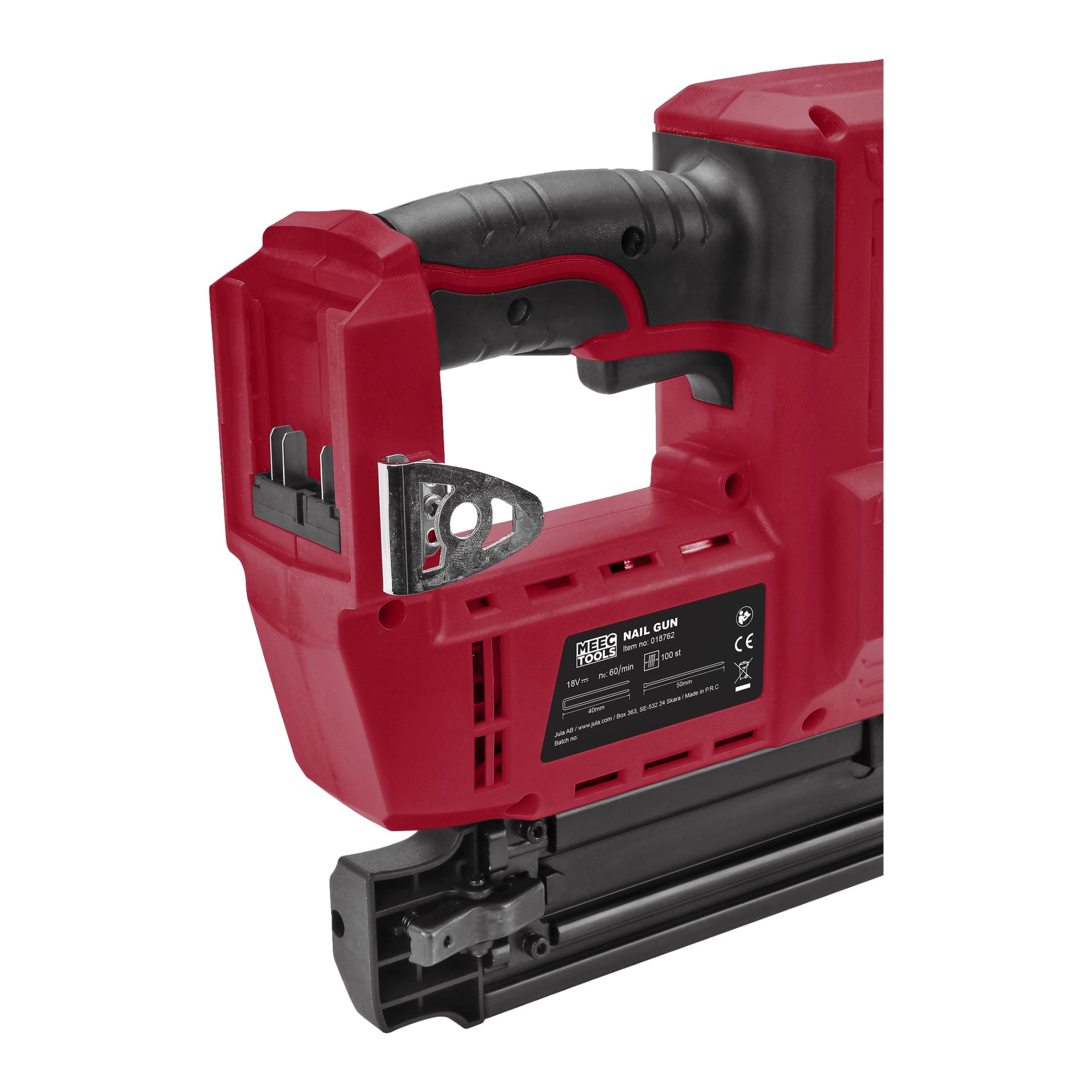 Närbild av Meec Tools Multiseries batteridrivna spikpistol NG-18V HOME 500, som visar dess röda och svarta färgschema, svarta handtag och tydligt synliga sidoetiketter.