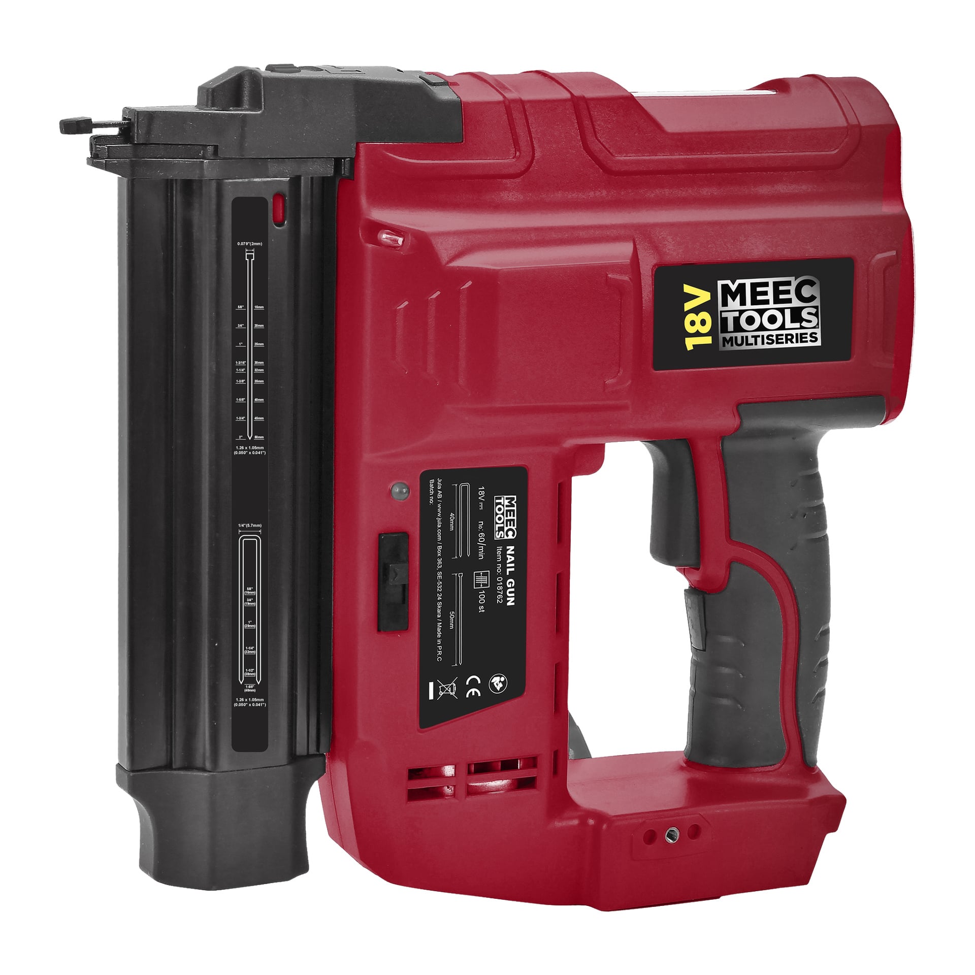 En sidoprofil av den röda Meec Tools Multiseries batteridrivna spikpistol NG-18V HOME 500, med betoning på dess svarta handtag, avtryckare och ett magasin märkt med mått och produktetiketter.
