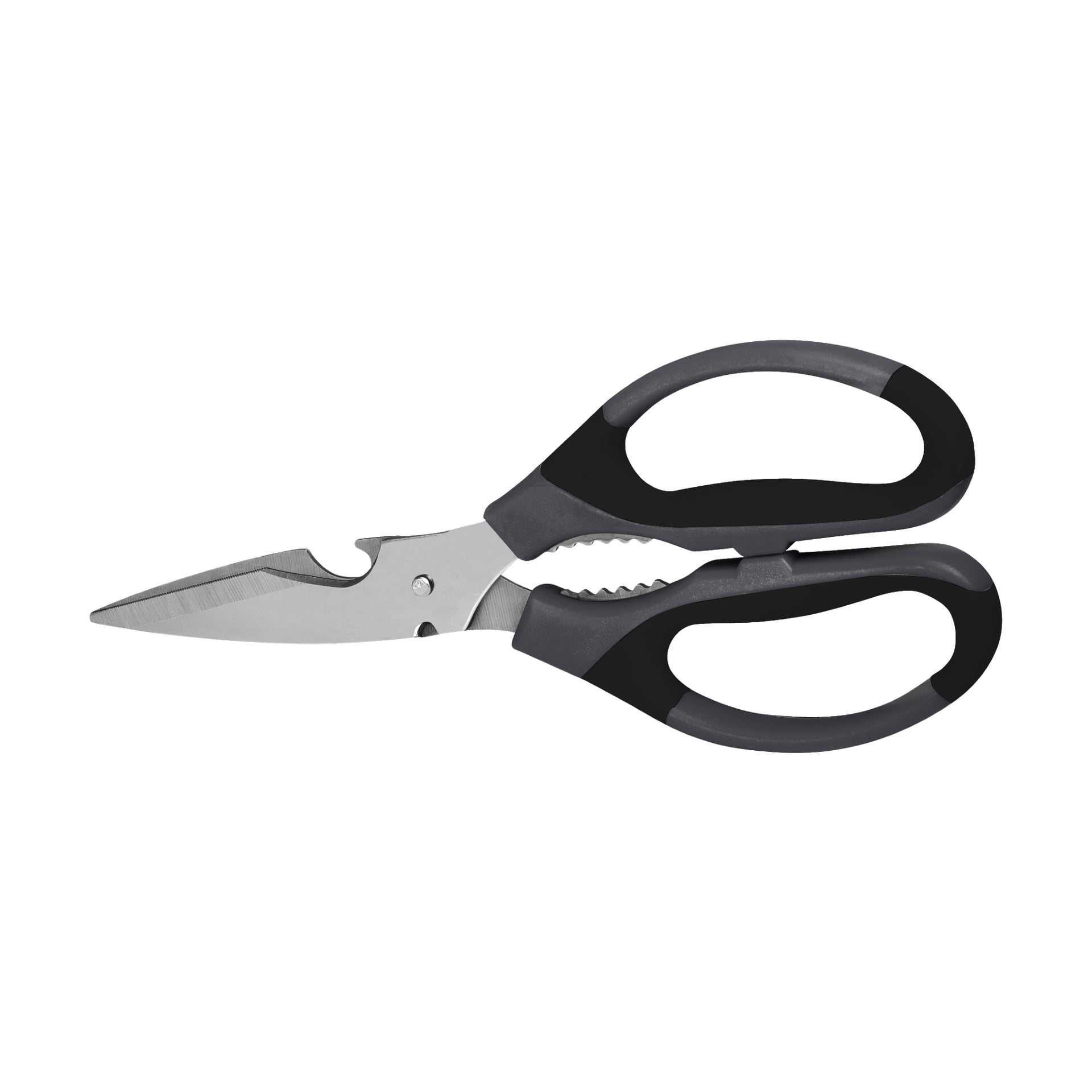 Ett par Menuett-saxar med ergonomiska svarta och grå handtag, ett tandat blad och hackade områden nära pivoten designade för flera funktioner.