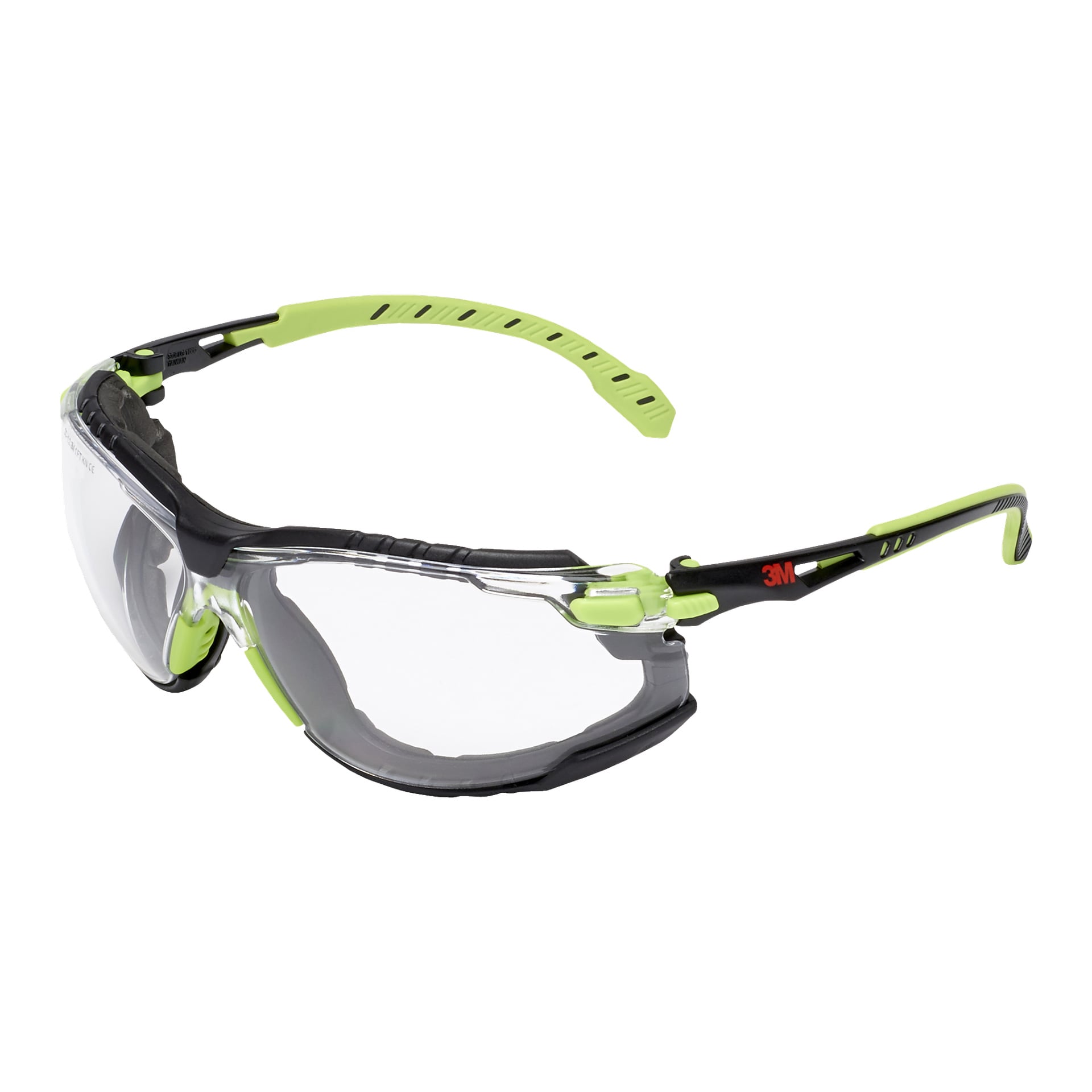 3M Safety Glasses Solus Soft 1000 har klara linser, justerbara armar i grönt och svart, genomskinliga sidoskärmar och en liten röd 3M-logotyp på masken. Byggd för pålitligt ögonskydd i olika industriella eller laboratoriemiljöer.