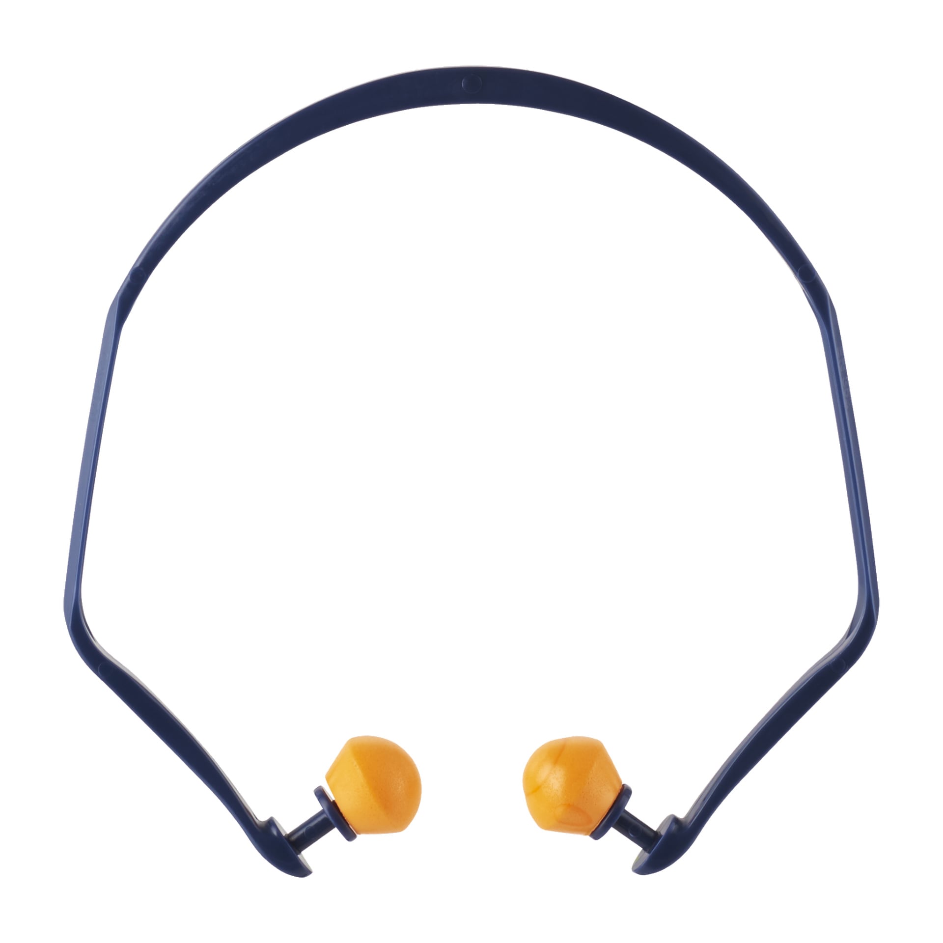 Ett set 3M-öronproppar med ett blått plastband som sitter över huvudet, med orange, konformade öronproppar i vardera änden för hörselskydd.
