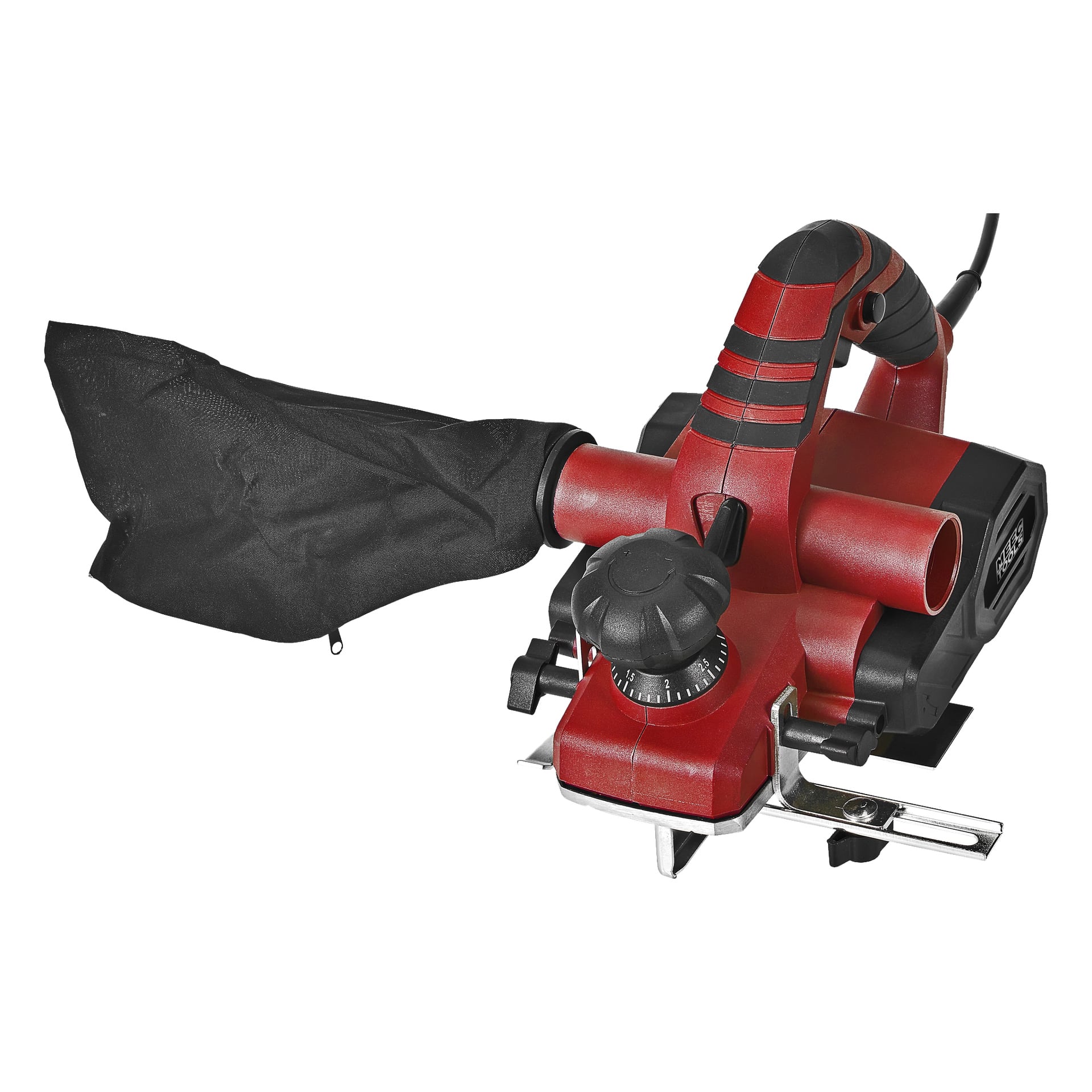 Punamustassa Meec Tools Electric -höylässä on pölypussi, säätönuppi, kahva ja näkyvä virtajohto.