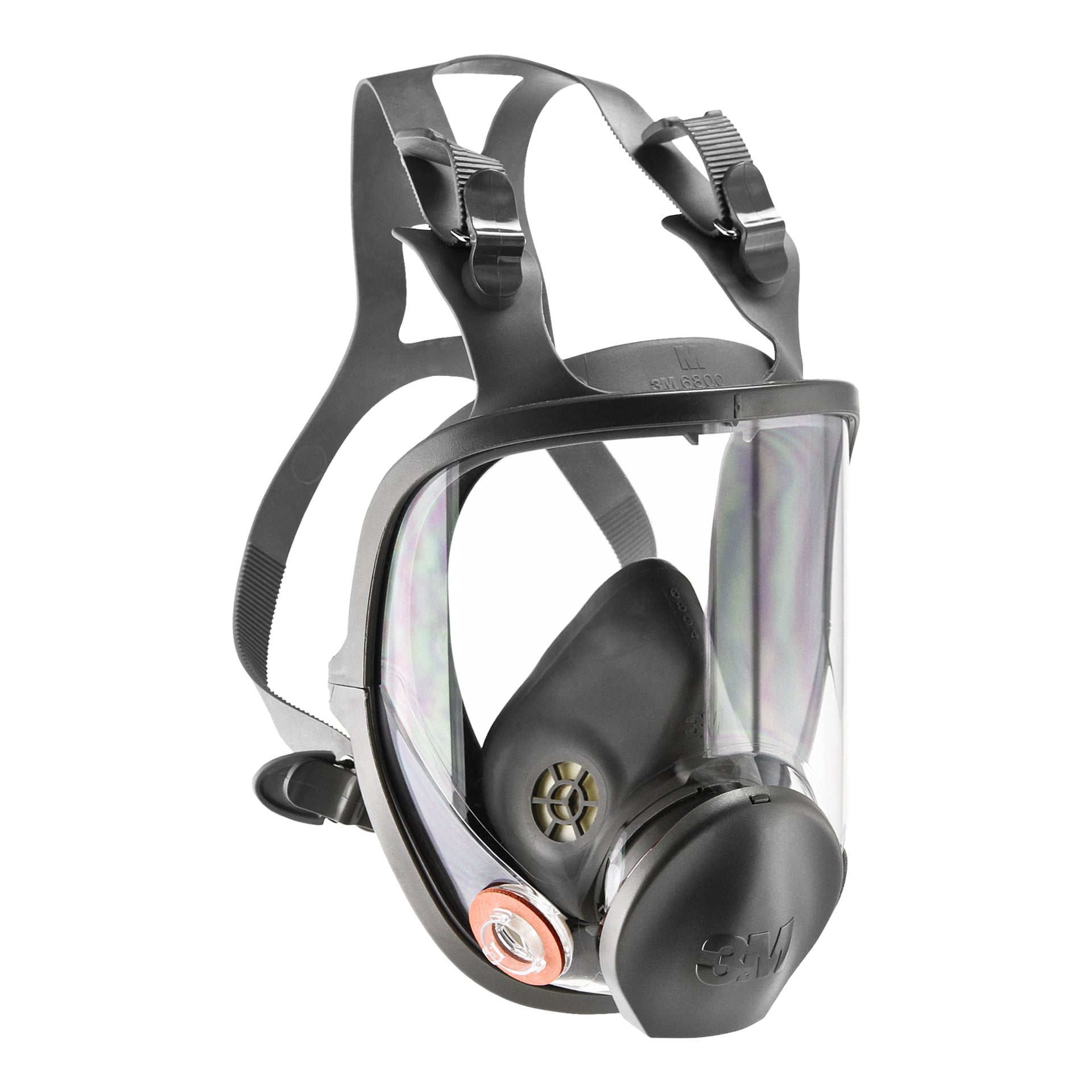 3M 6800 Full Face Mask inkluderar ett transparent visir, svarta justerbara remmar, en cirkulär filteranslutning och en centralt placerad utandningsventil.