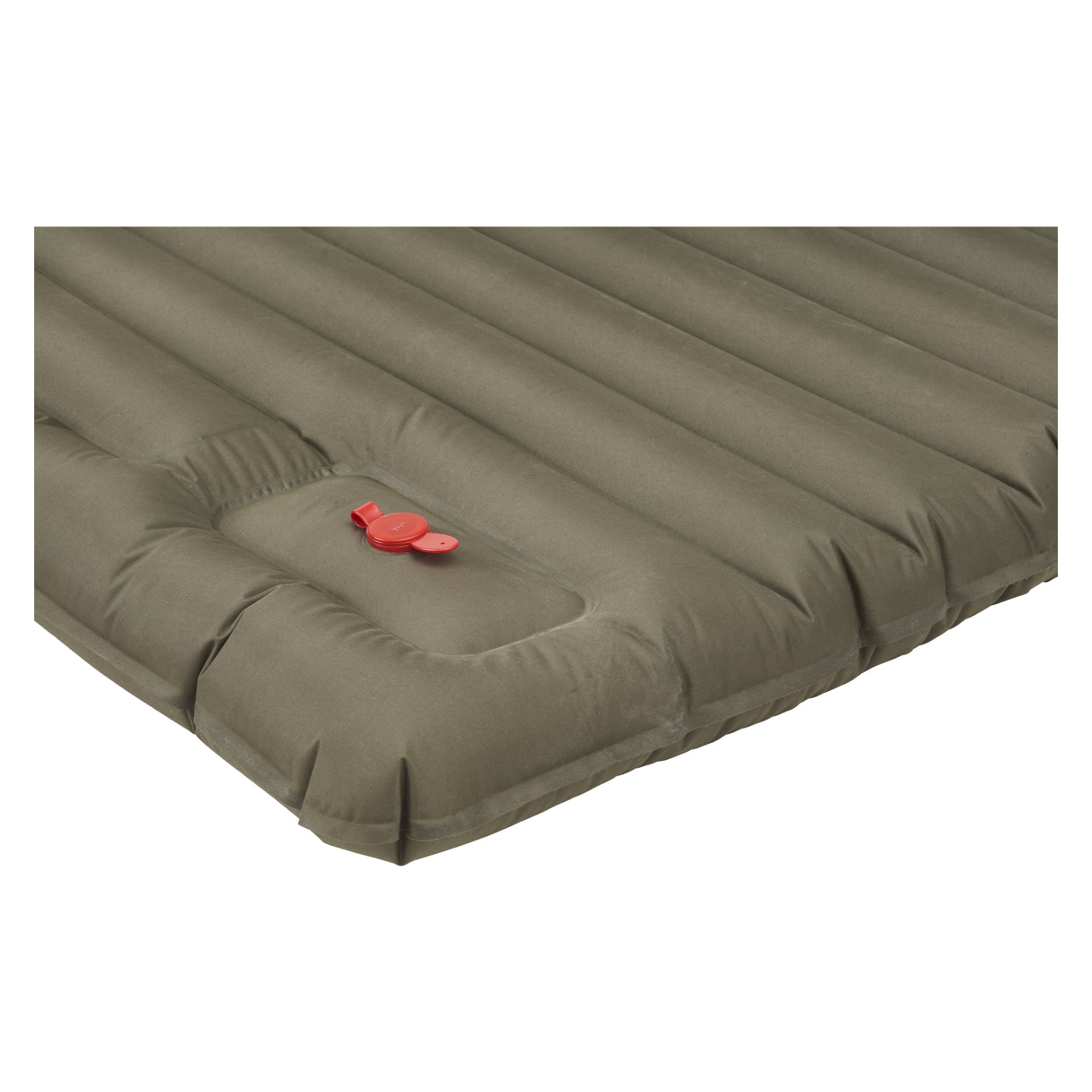 Et detaljert nærbilde av det olivengrønne Kayoba Outdoor Inflatable ground sheet, som viser horisontale luftkamre og en fremtredende rød luftventil.
