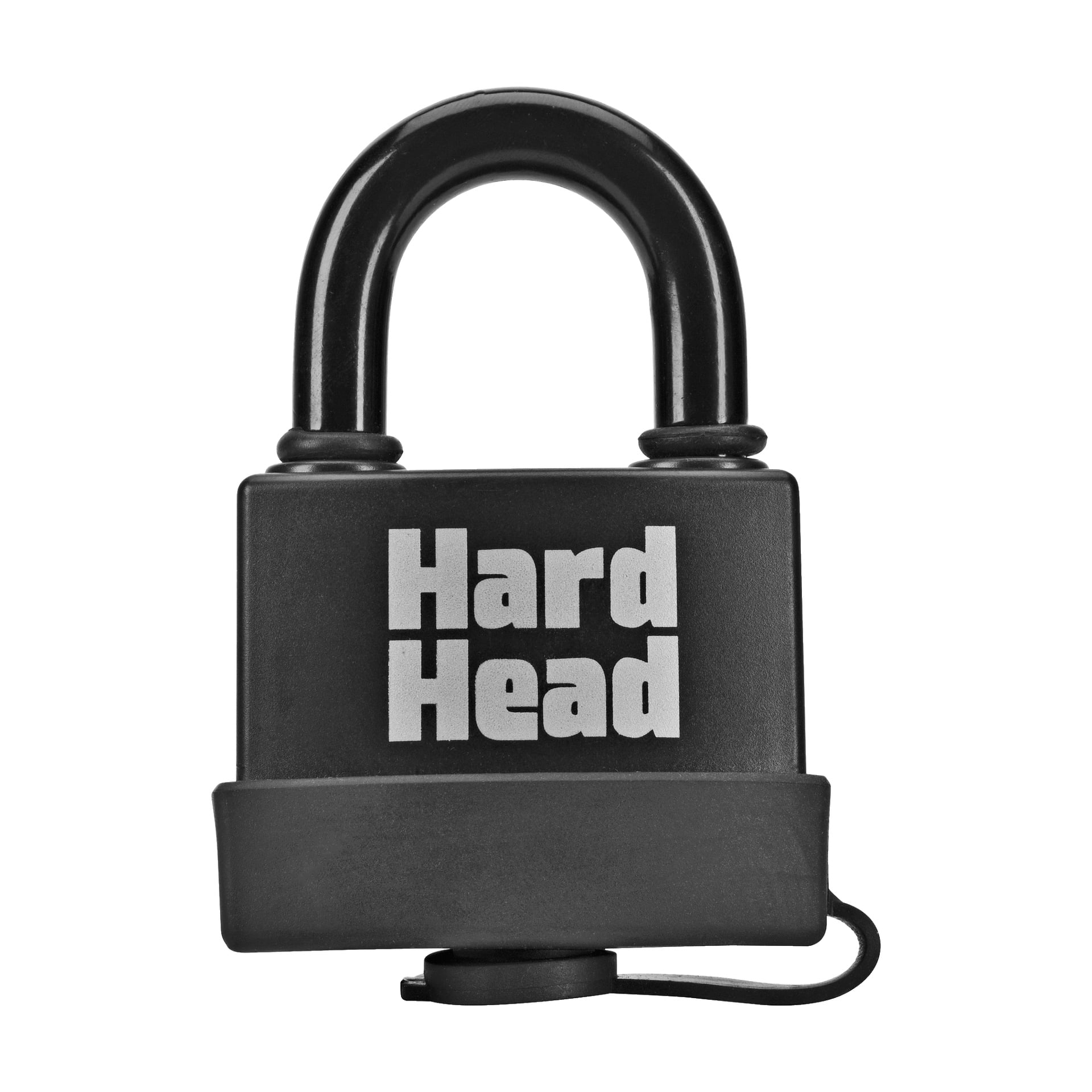 Ett stadigt svart Hard Head-hänglås med varumärket på framsidan, byggt med en robust boja och ett förstärkt lock vid basen.